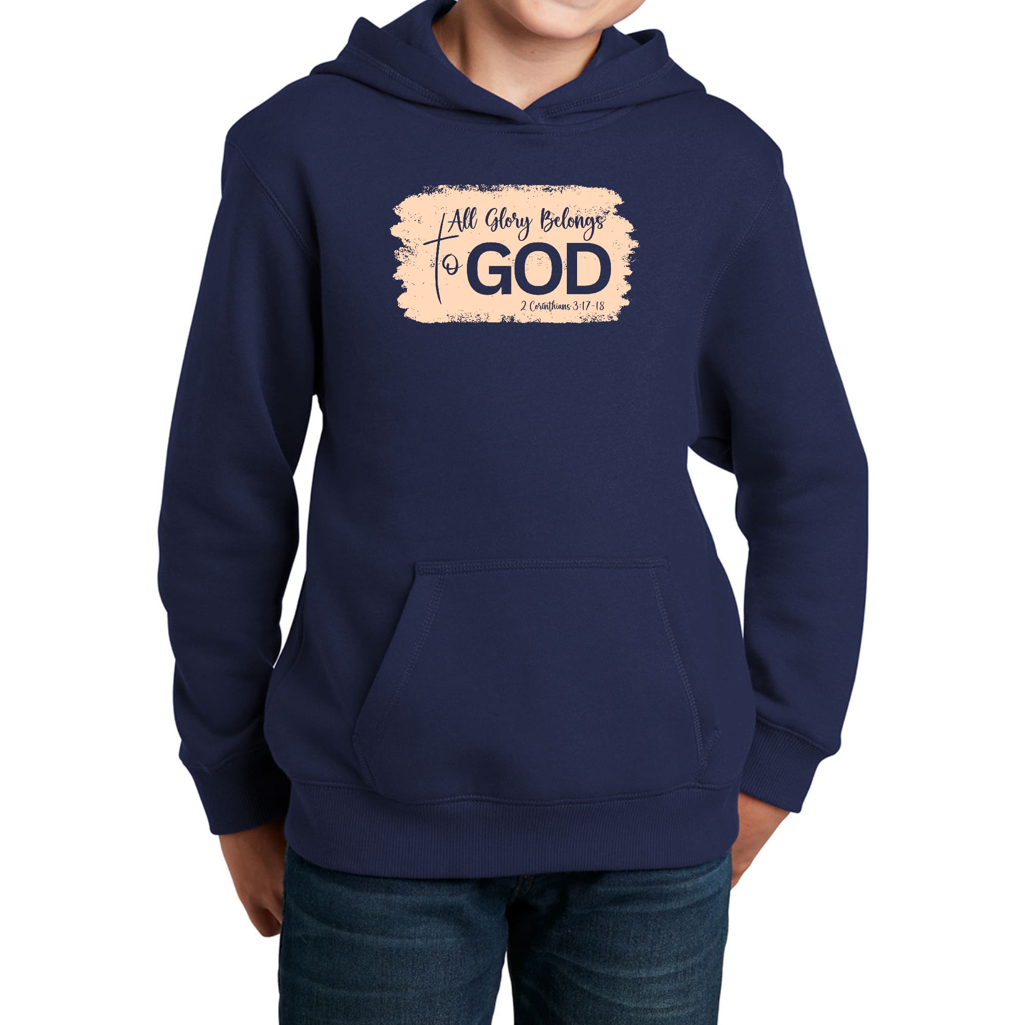 Youth Long Sleeve Hoodie featuring 'All Glory Belongs to God' graphic in peach color, made from soft cotton-polyester blend.