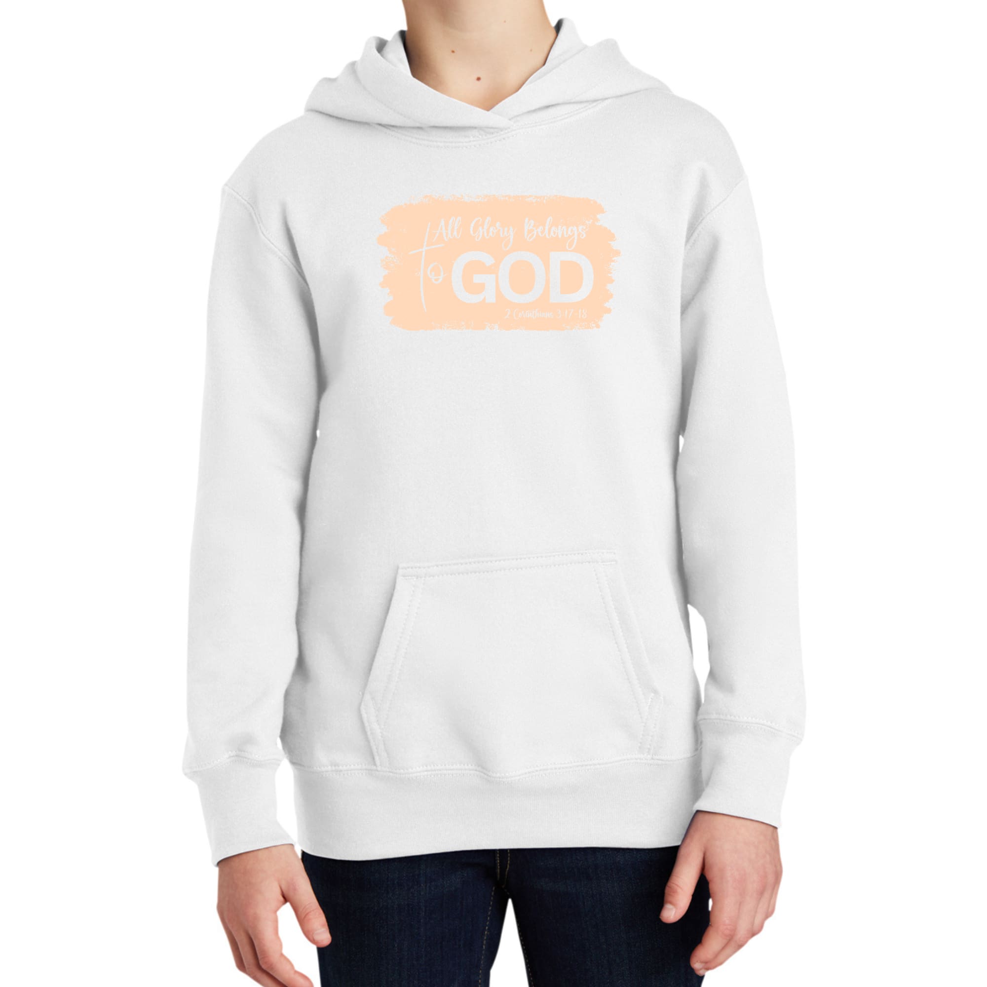 Youth Long Sleeve Hoodie featuring 'All Glory Belongs to God' graphic in peach color, made from soft cotton-polyester blend.