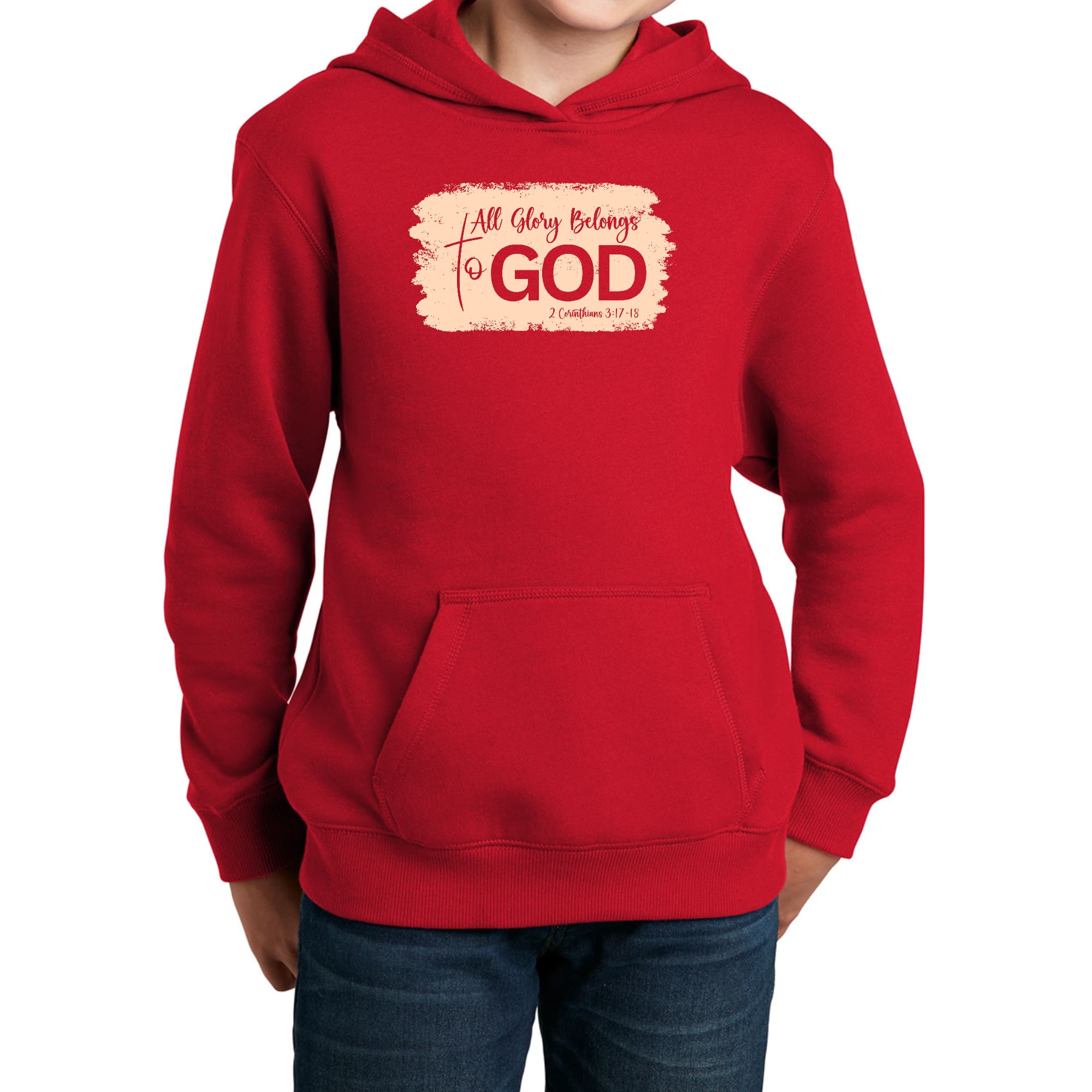 Youth Long Sleeve Hoodie featuring 'All Glory Belongs to God' graphic in peach color, made from soft cotton-polyester blend.