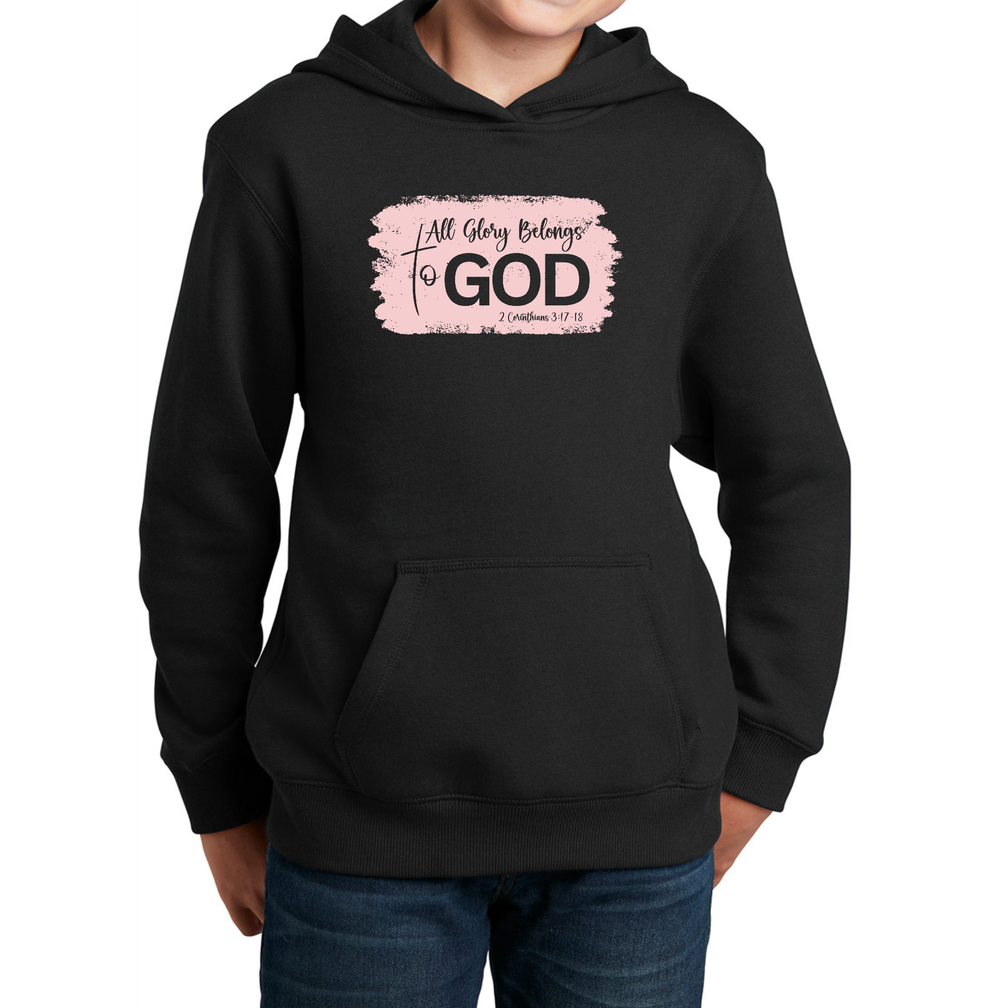 Light pink youth long sleeve hoodie with 'All Glory Belongs to God' graphic, featuring a drawstring neckline and comfortable fit.