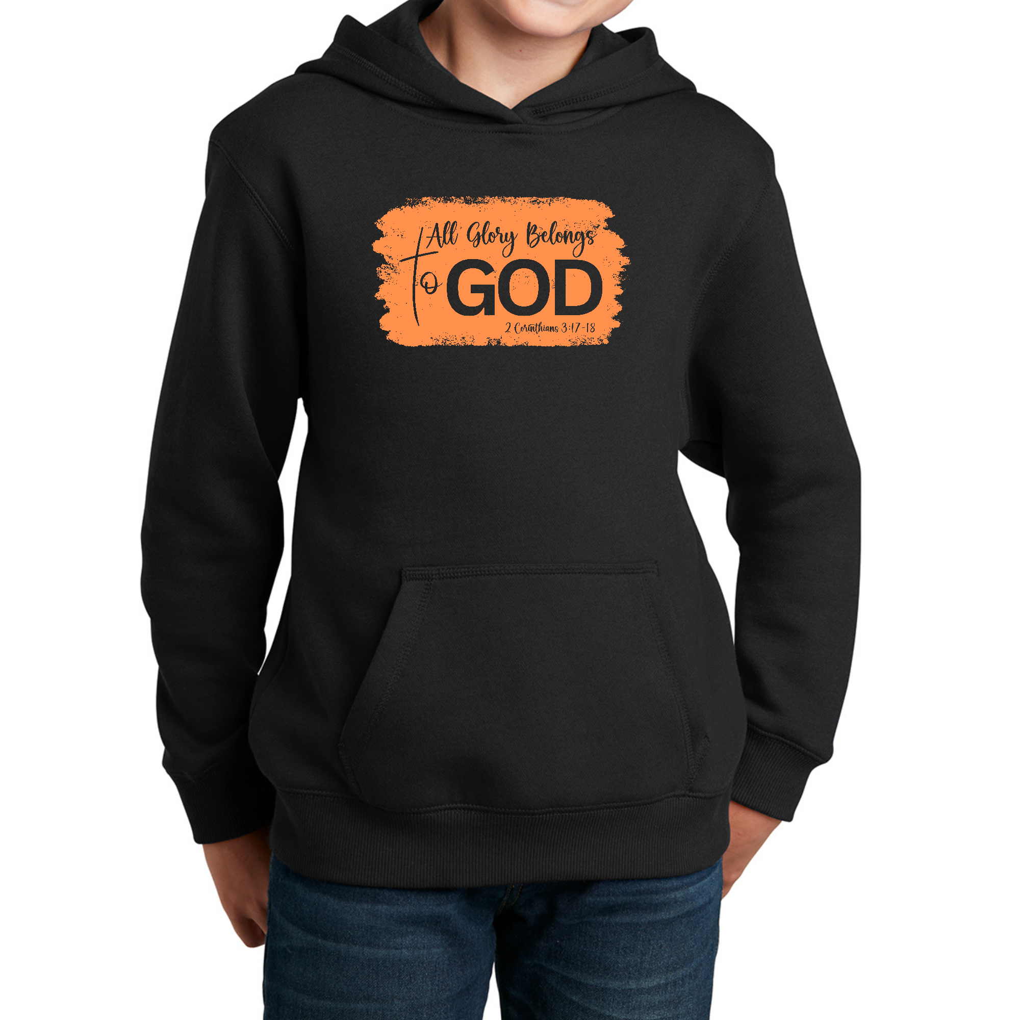 Youth long sleeve hoodie in orange featuring 'All Glory Belongs to God' graphic print, made from soft cotton-polyester blend.