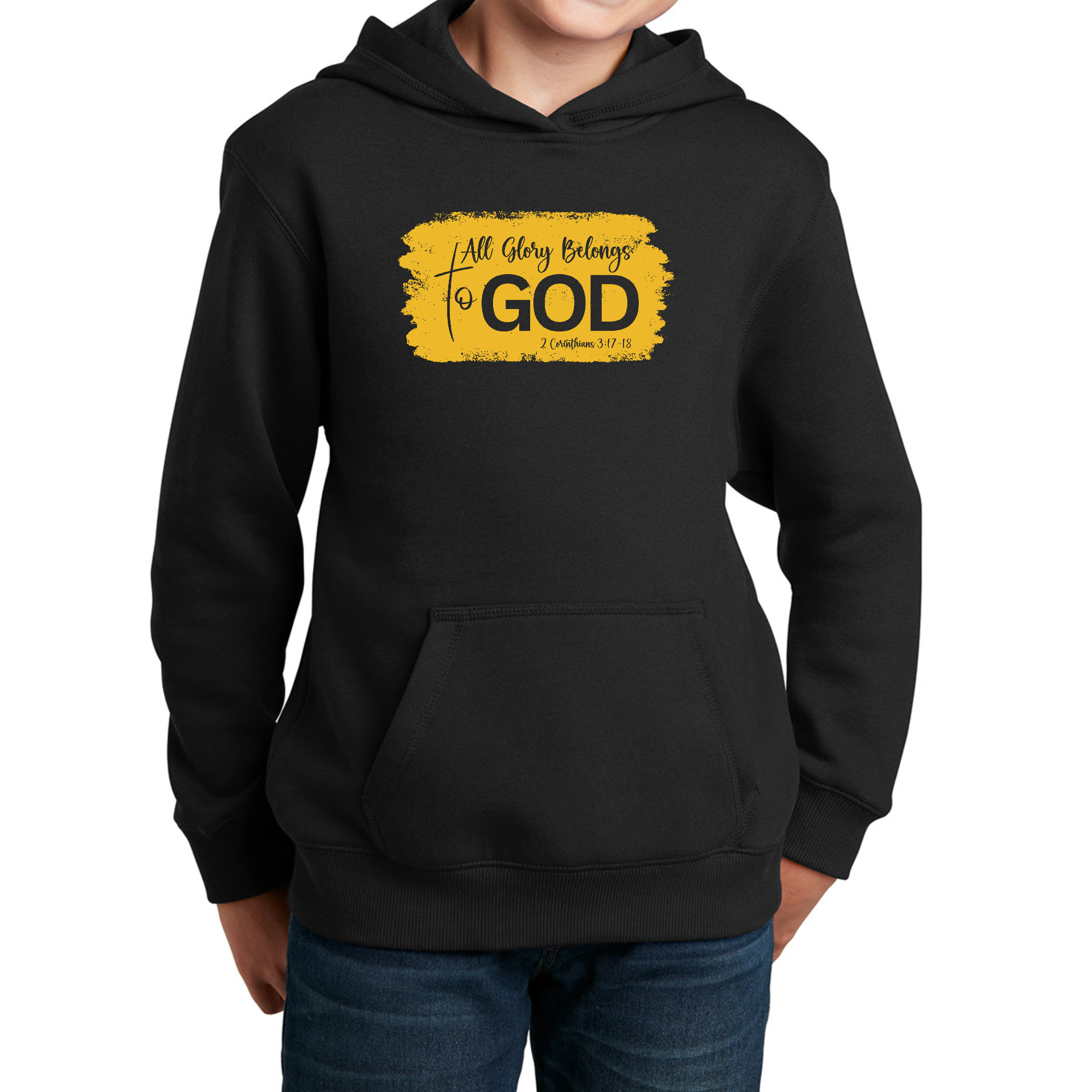 Youth long sleeve hoodie in golden yellow with 'All Glory Belongs to God' graphic design, showcasing comfort and style.