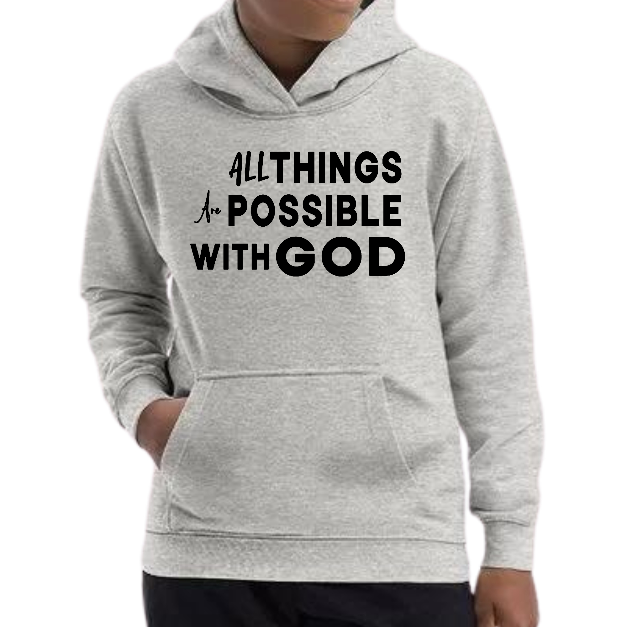 Youth long sleeve black hoodie with 'All Things are Possible with God' graphic, featuring a drawstring neckline and comfortable fit.