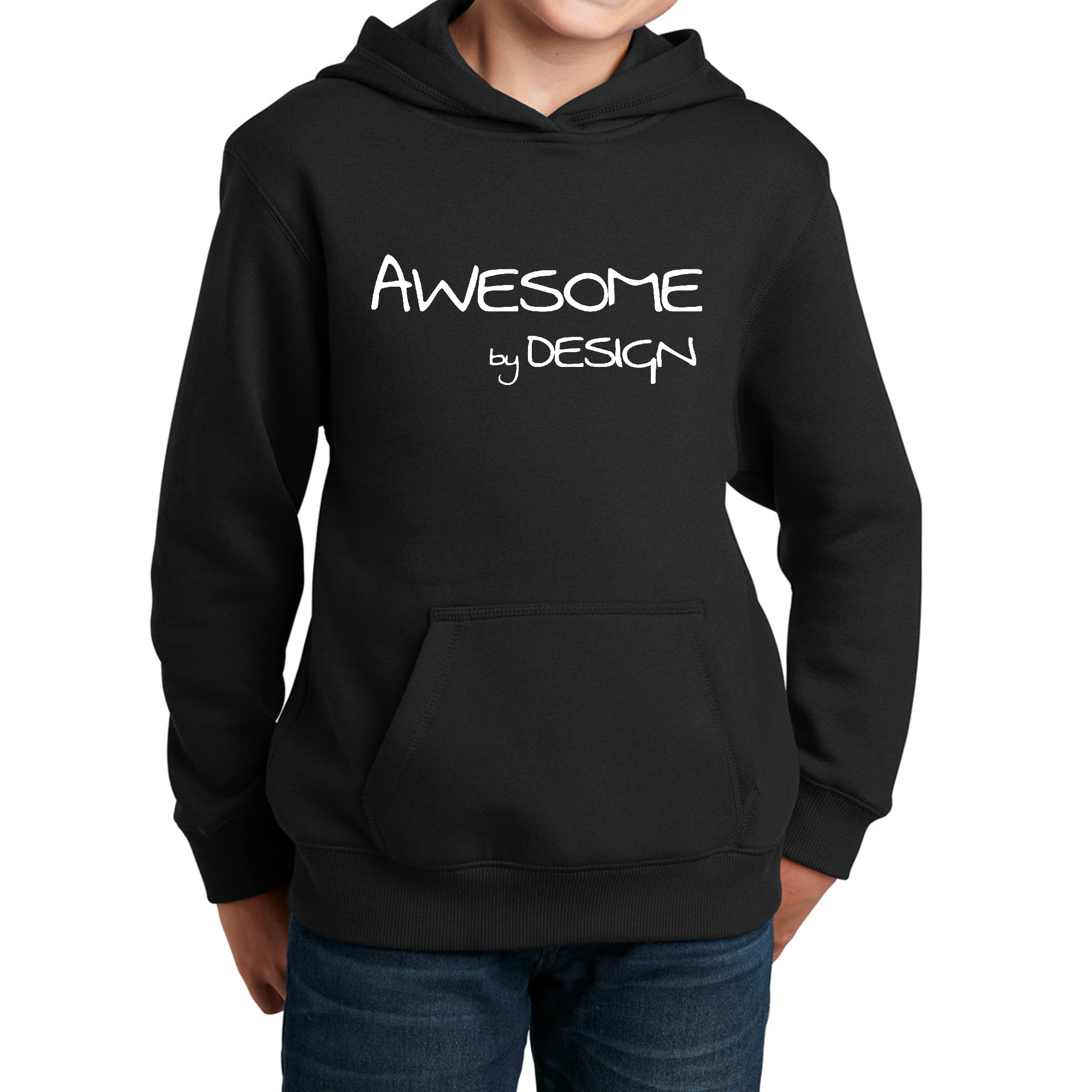 Youth Long Sleeve Hoodie Awesome by Design featuring a stylish white print, perfect for creative individuals.