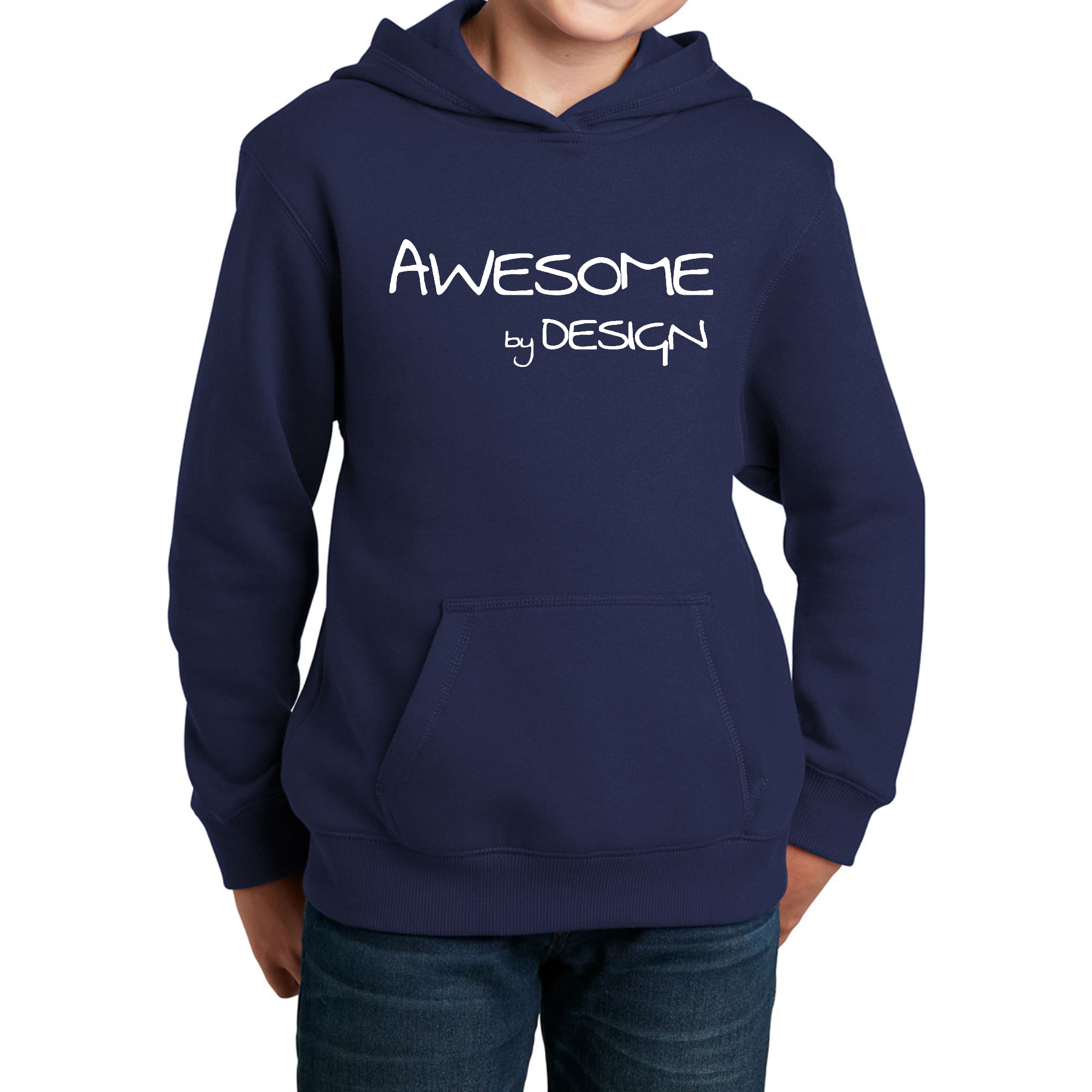 Youth Long Sleeve Hoodie Awesome by Design featuring a stylish white print, perfect for creative individuals.