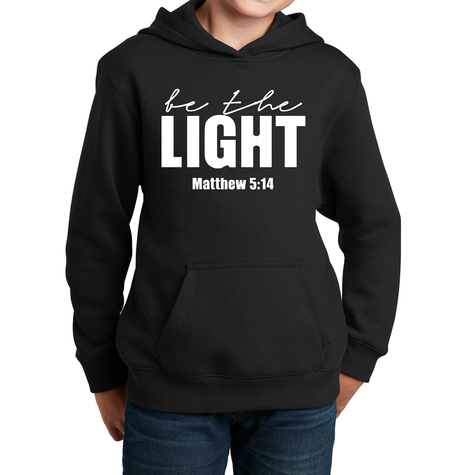 Youth long sleeve hoodie featuring 'Be The Light' inspirational art illustration, made from soft and durable fabric.