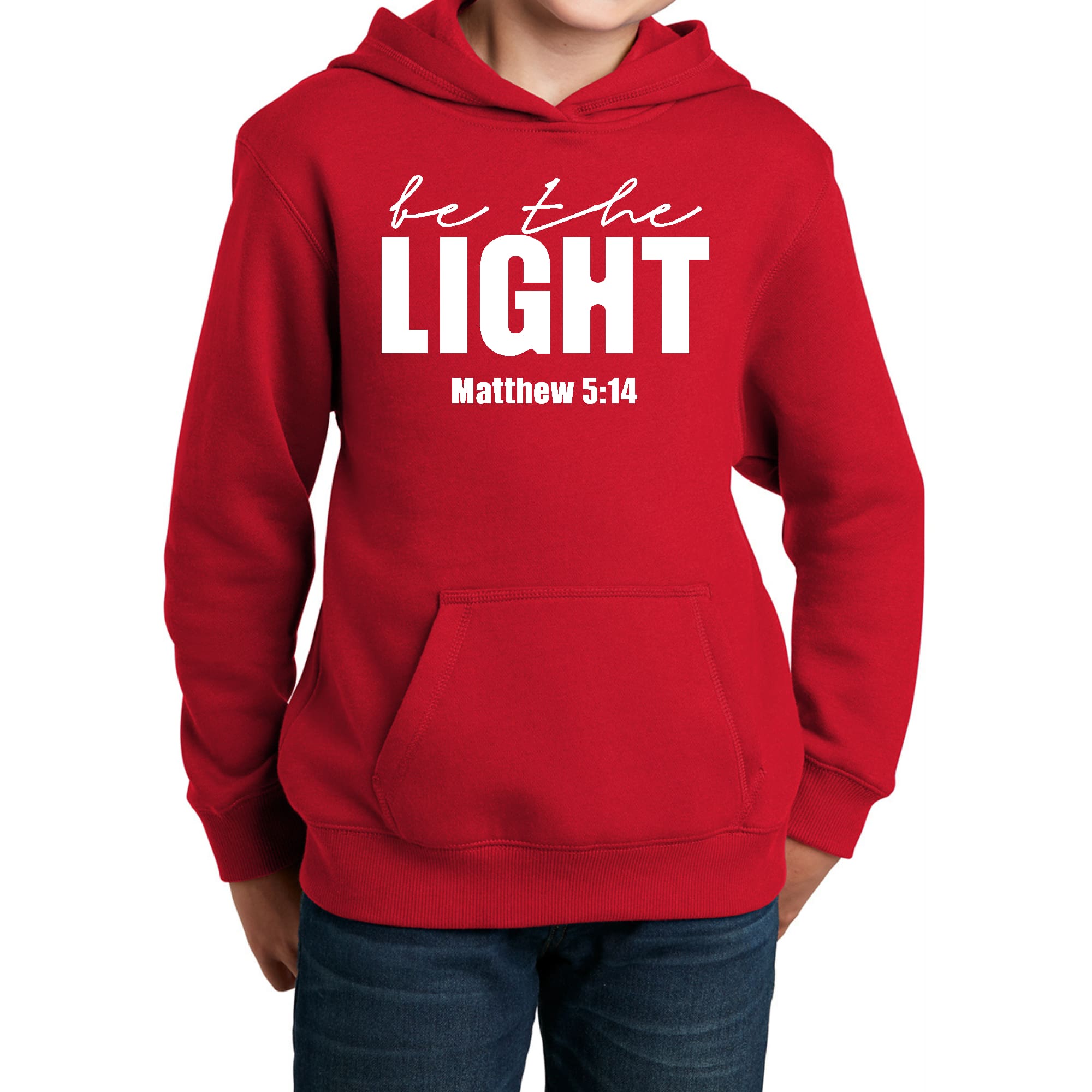 Youth long sleeve hoodie featuring 'Be The Light' inspirational art illustration, made from soft and durable fabric.