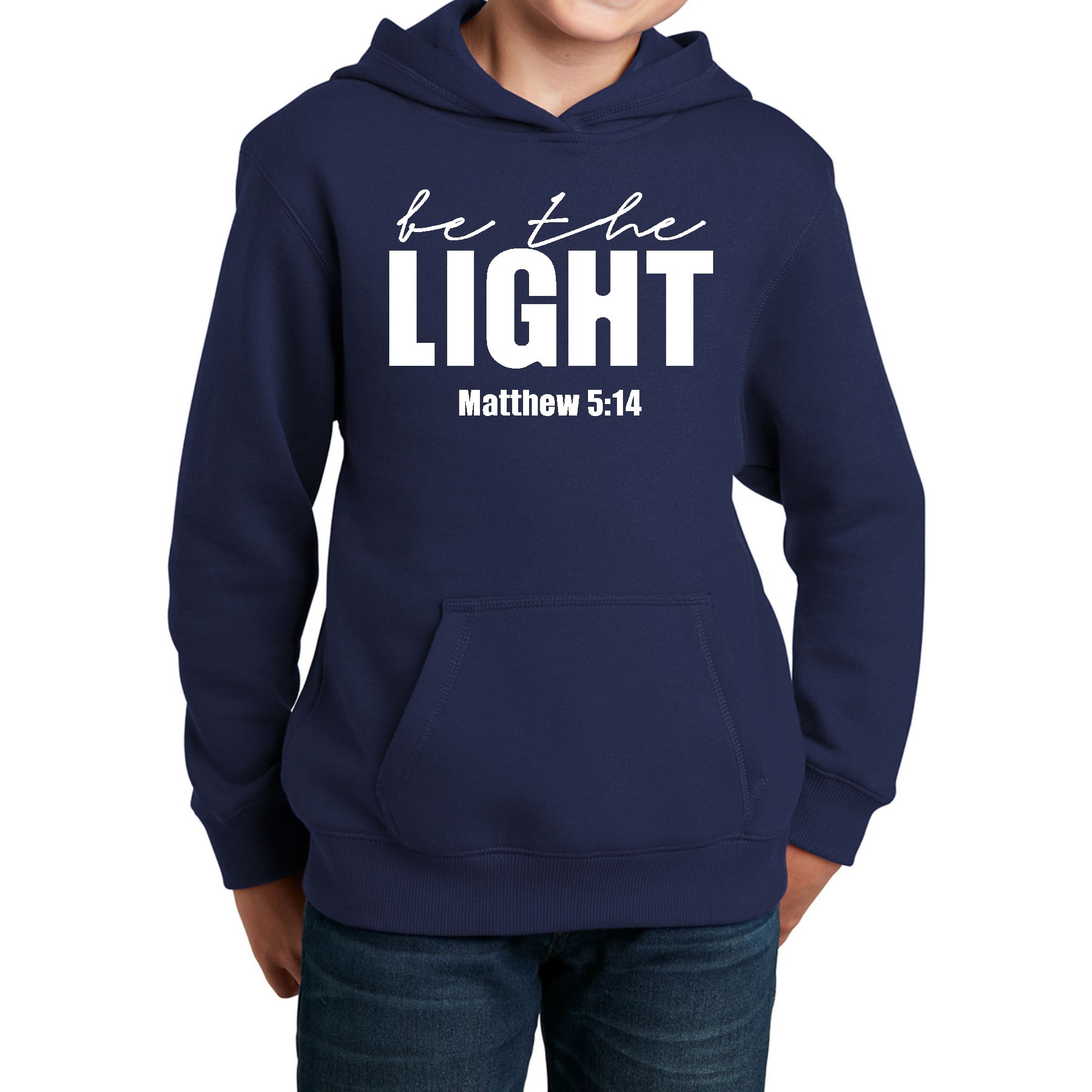Youth long sleeve hoodie featuring 'Be The Light' inspirational art illustration, made from soft and durable fabric.