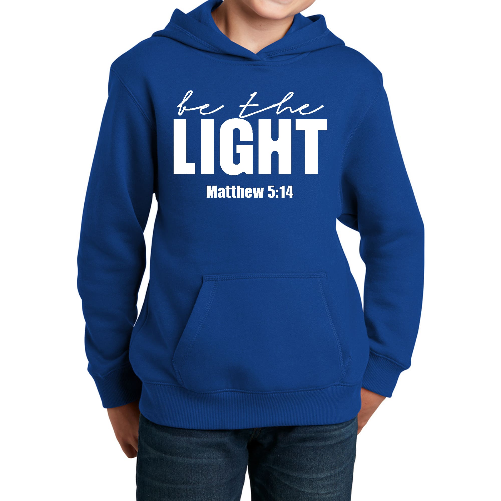 Youth long sleeve hoodie featuring 'Be The Light' inspirational art illustration, made from soft and durable fabric.