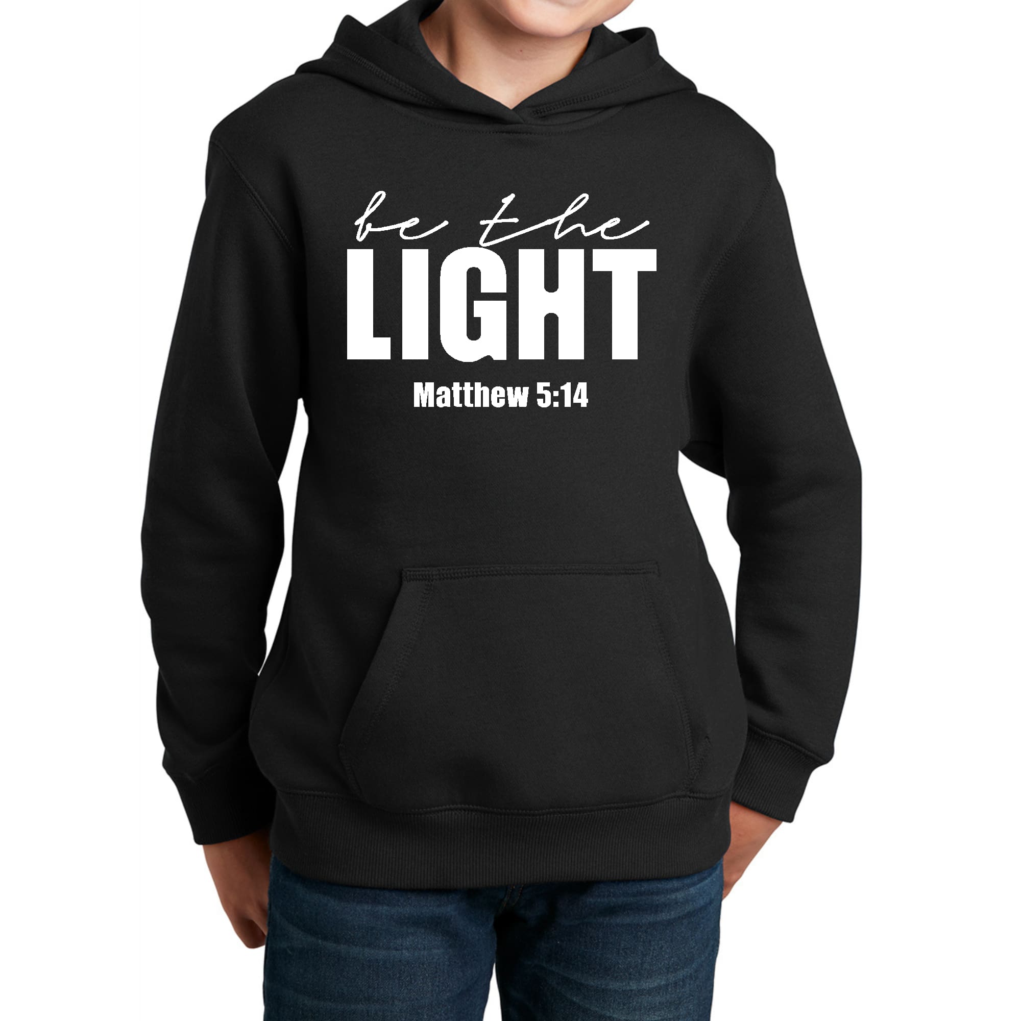 Youth long sleeve hoodie featuring 'Be The Light' inspirational art illustration, made from soft and durable fabric.
