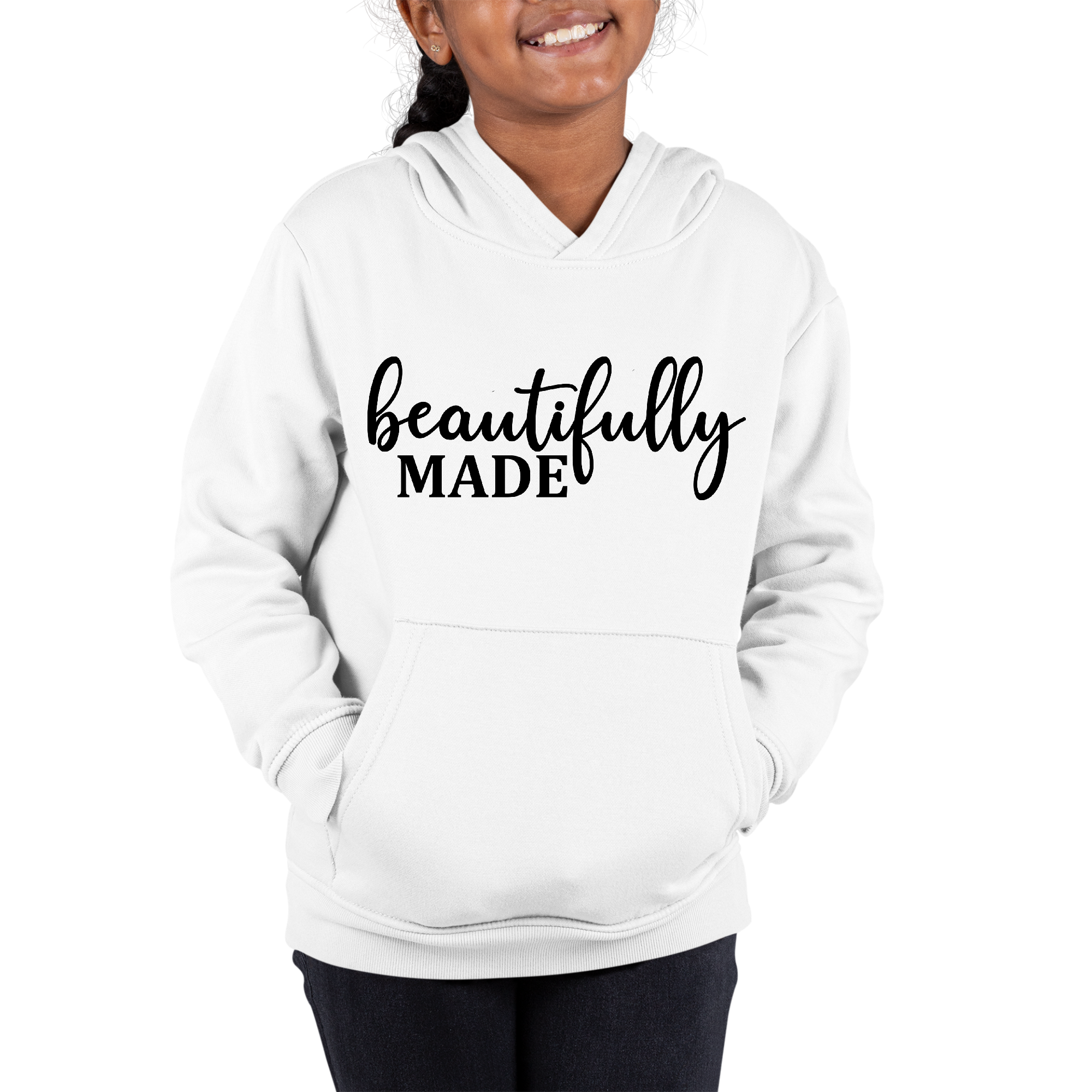 Youth long sleeve hoodie in soft fabric featuring inspiring affirmations, designed for girls with a comfortable fit.