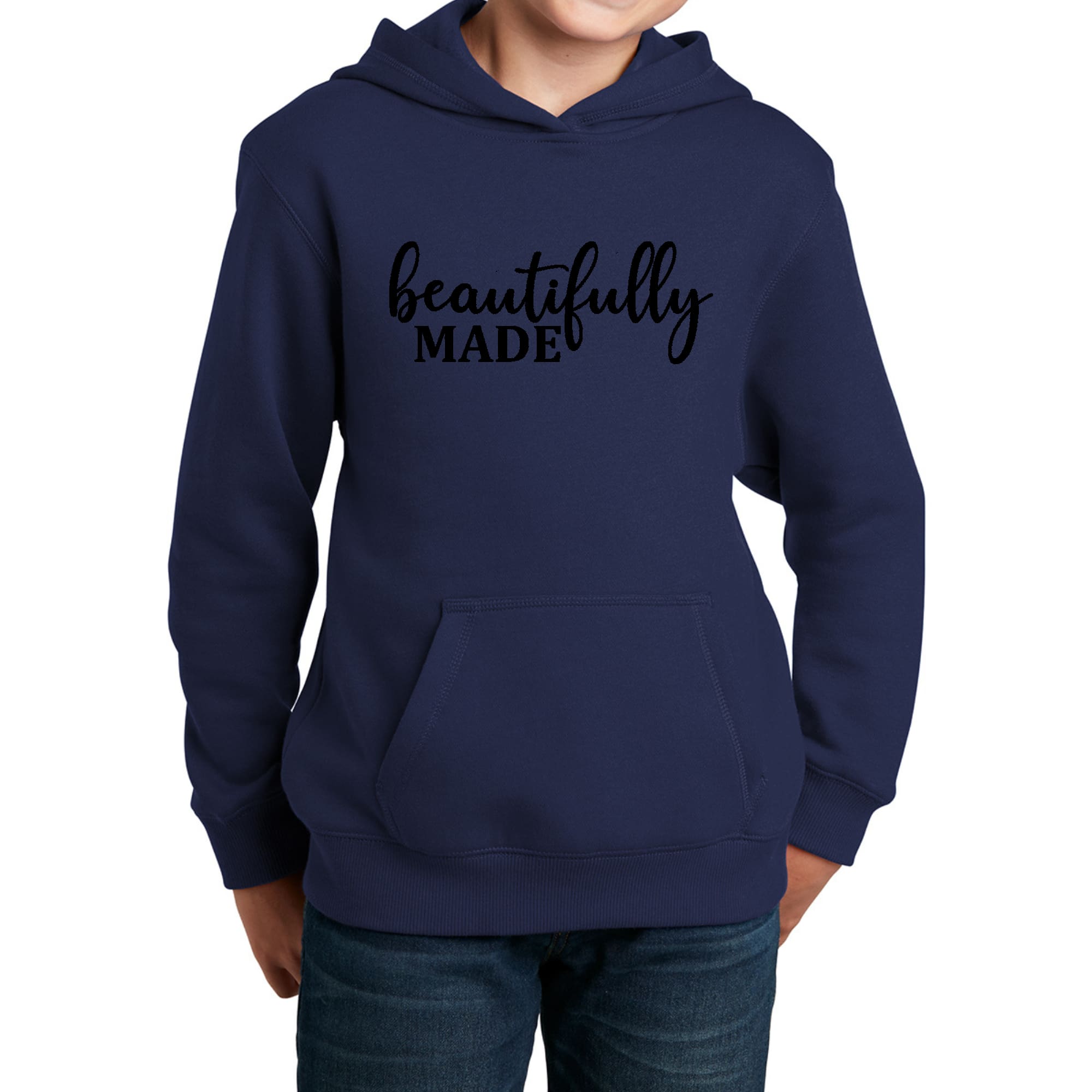 Youth long sleeve hoodie in soft fabric featuring inspiring affirmations, designed for girls with a comfortable fit.