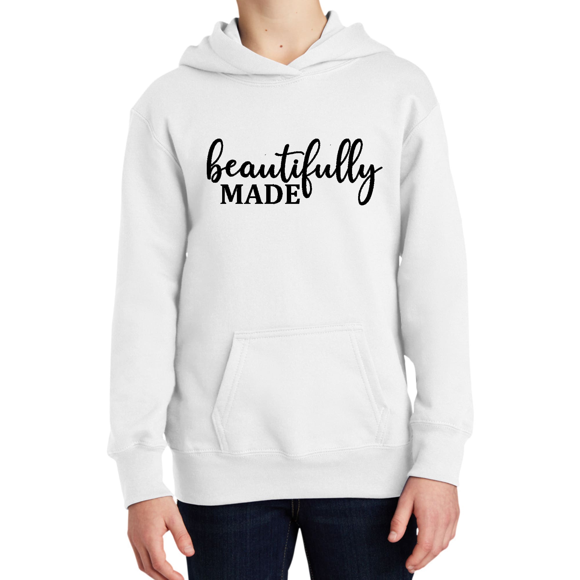 Youth long sleeve hoodie in soft fabric featuring inspiring affirmations, designed for girls with a comfortable fit.