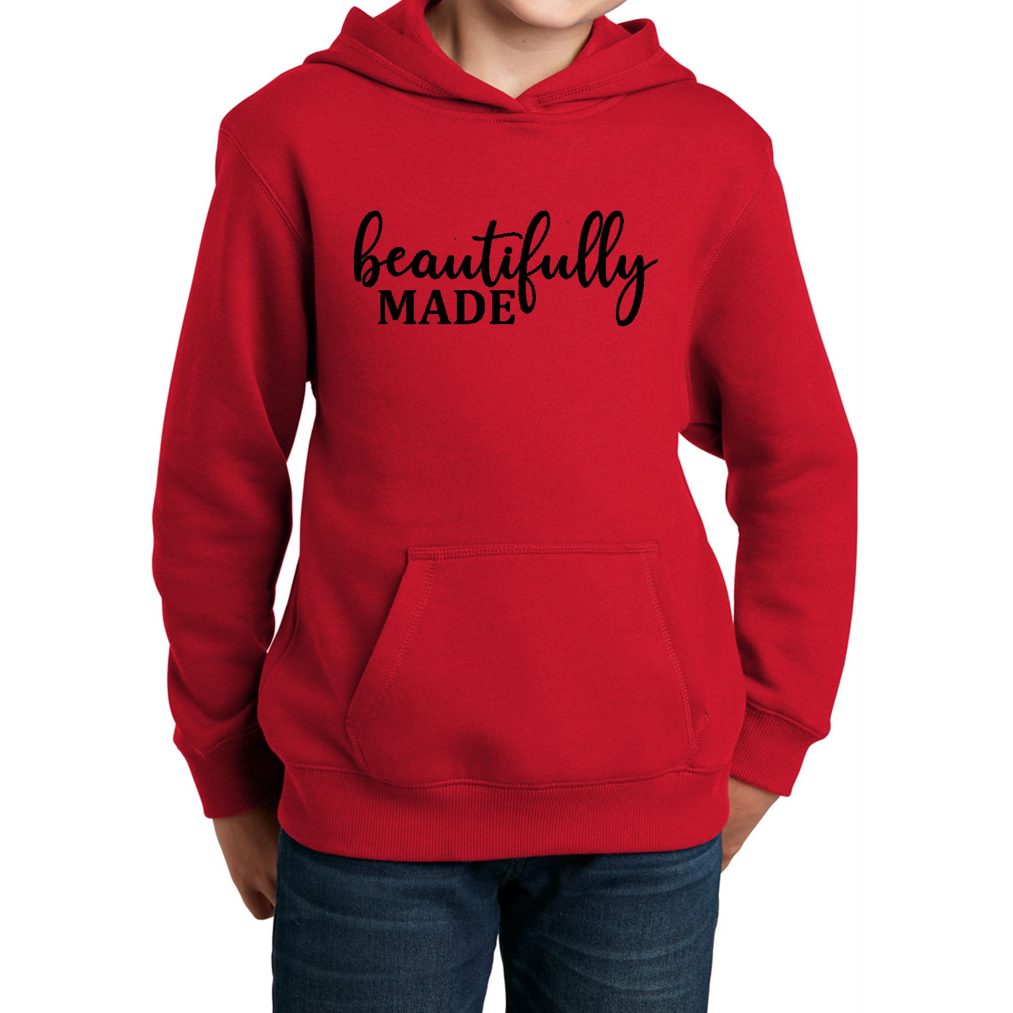 Youth long sleeve hoodie in soft fabric featuring inspiring affirmations, designed for girls with a comfortable fit.
