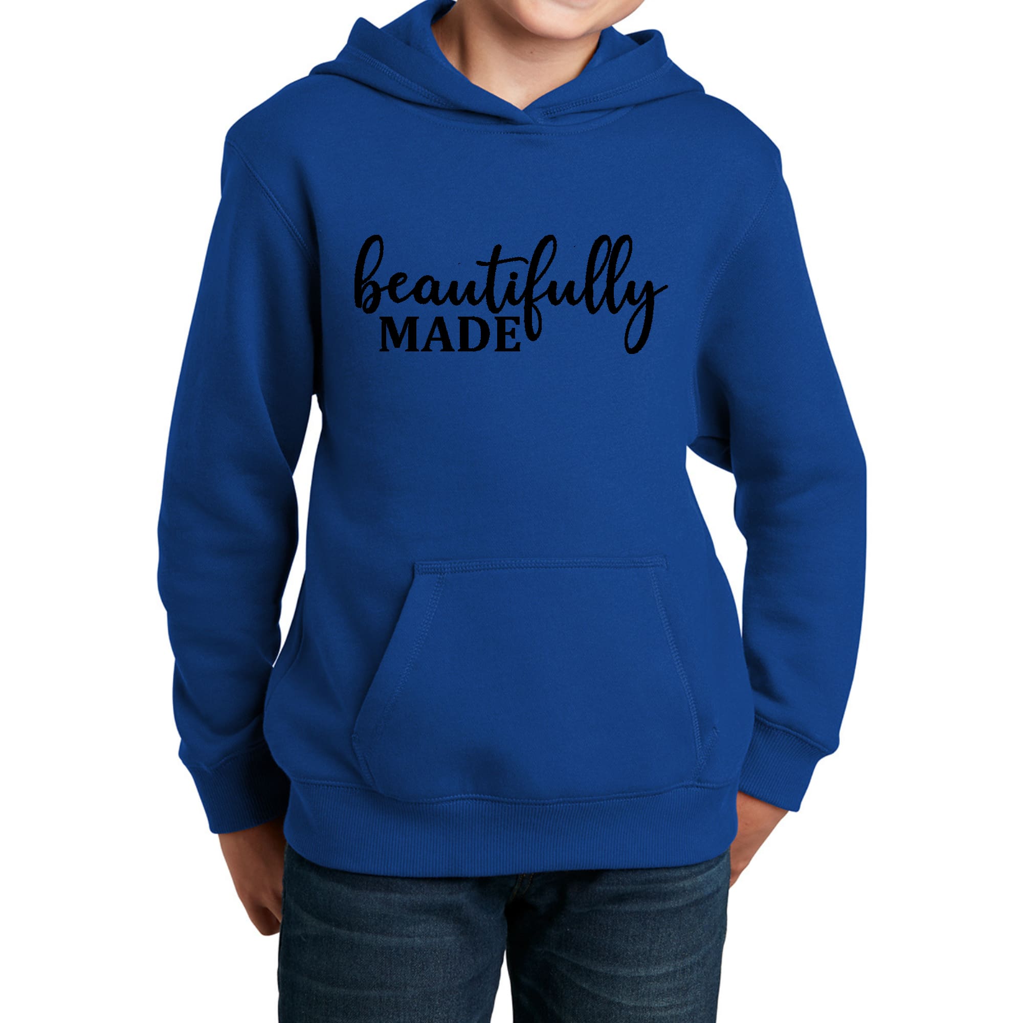 Youth long sleeve hoodie in soft fabric featuring inspiring affirmations, designed for girls with a comfortable fit.