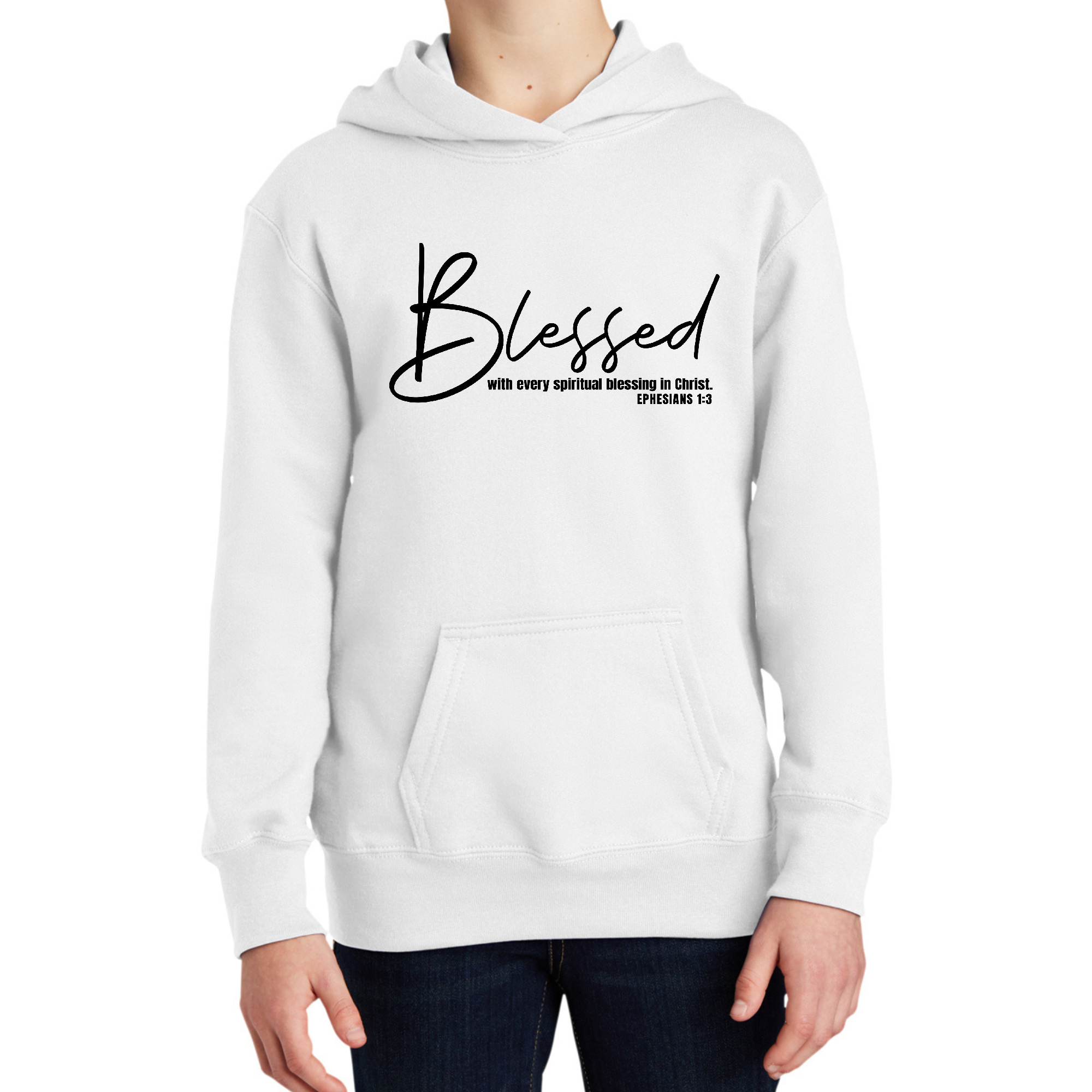 Youth Long Sleeve Hoodie in black featuring the phrase 'Blessed with Every Spiritual Blessing' in stylish print, designed for comfort and creativity.