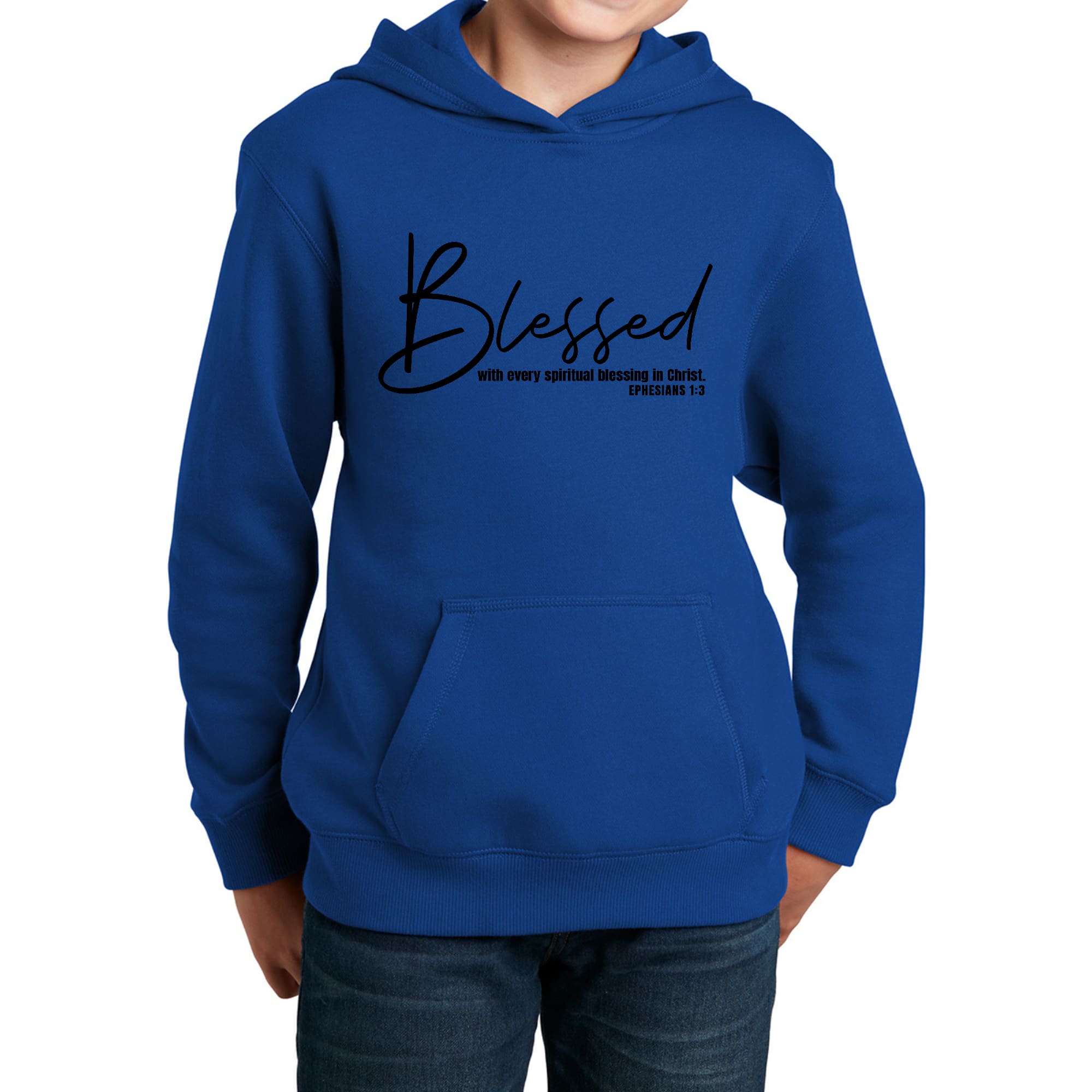 Youth Long Sleeve Hoodie in black featuring the phrase 'Blessed with Every Spiritual Blessing' in stylish print, designed for comfort and creativity.