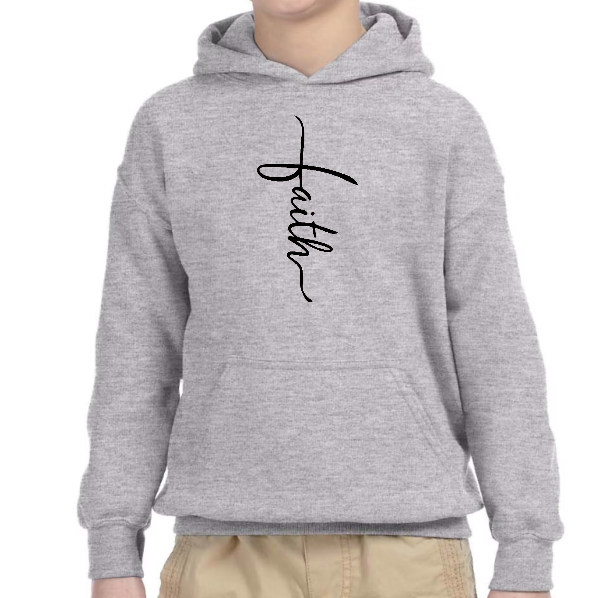 Youth Long Sleeve Hoodie featuring a Faith Script Cross design in black, made from soft poly-cotton blend fabric.