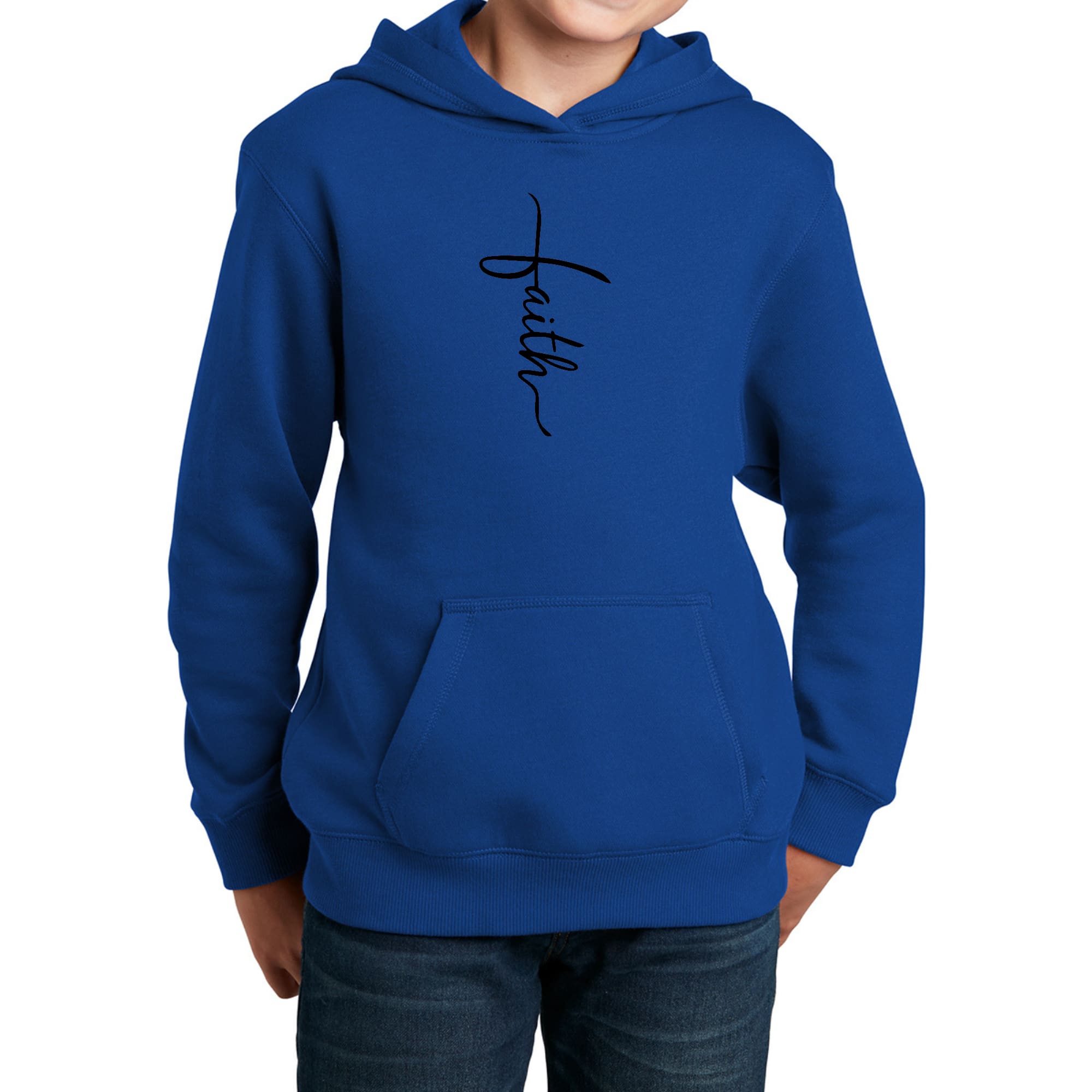 Youth Long Sleeve Hoodie featuring a Faith Script Cross design in black, made from soft poly-cotton blend fabric.