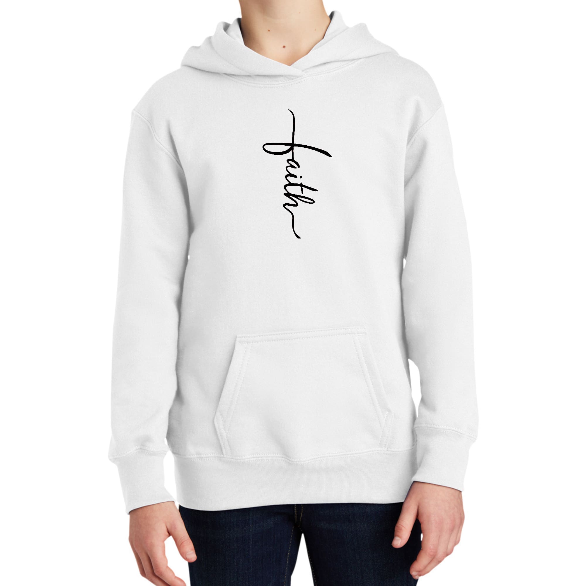 Youth Long Sleeve Hoodie featuring a Faith Script Cross design in black, made from soft poly-cotton blend fabric.