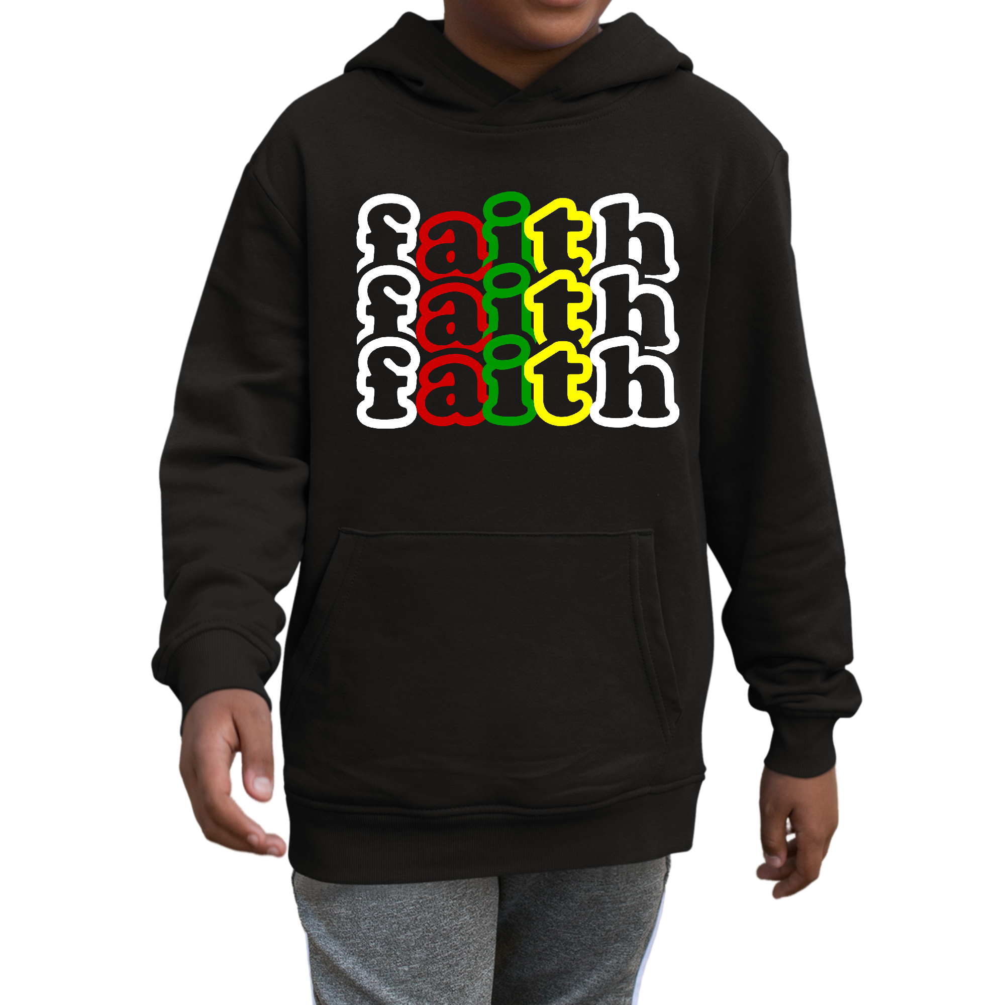 Youth long sleeve hoodie featuring a colorful Faith Stack illustration, perfect for boys and girls, showcasing comfort and style.