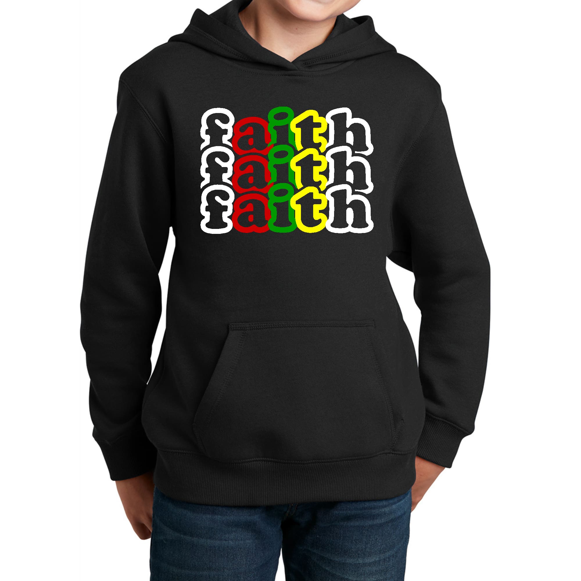 Youth long sleeve hoodie featuring a colorful Faith Stack illustration, perfect for boys and girls, showcasing comfort and style.