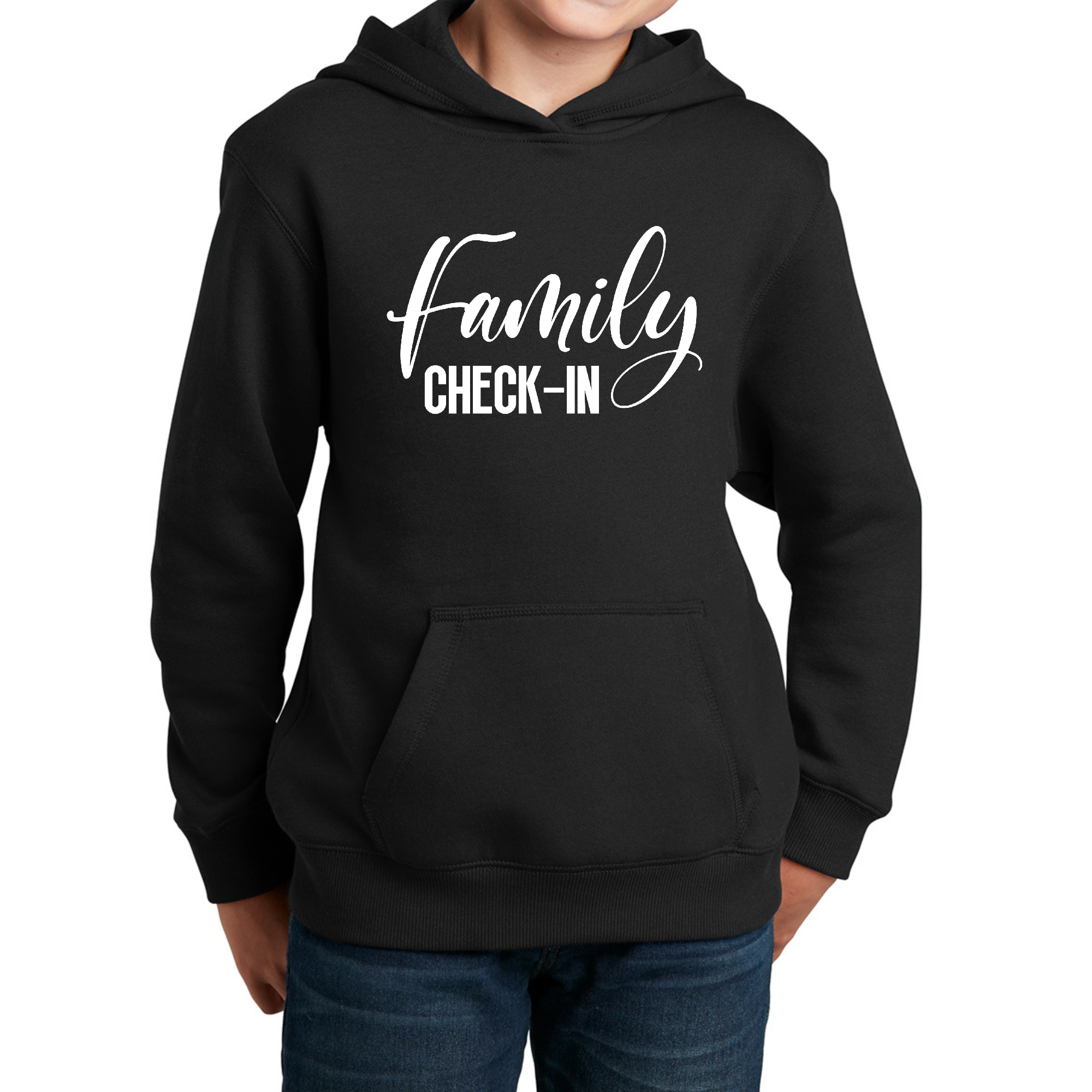 Youth Long Sleeve Hoodie featuring a Family Check-in Illustration, showcasing a creative design with a drawstring neckline and long sleeves.