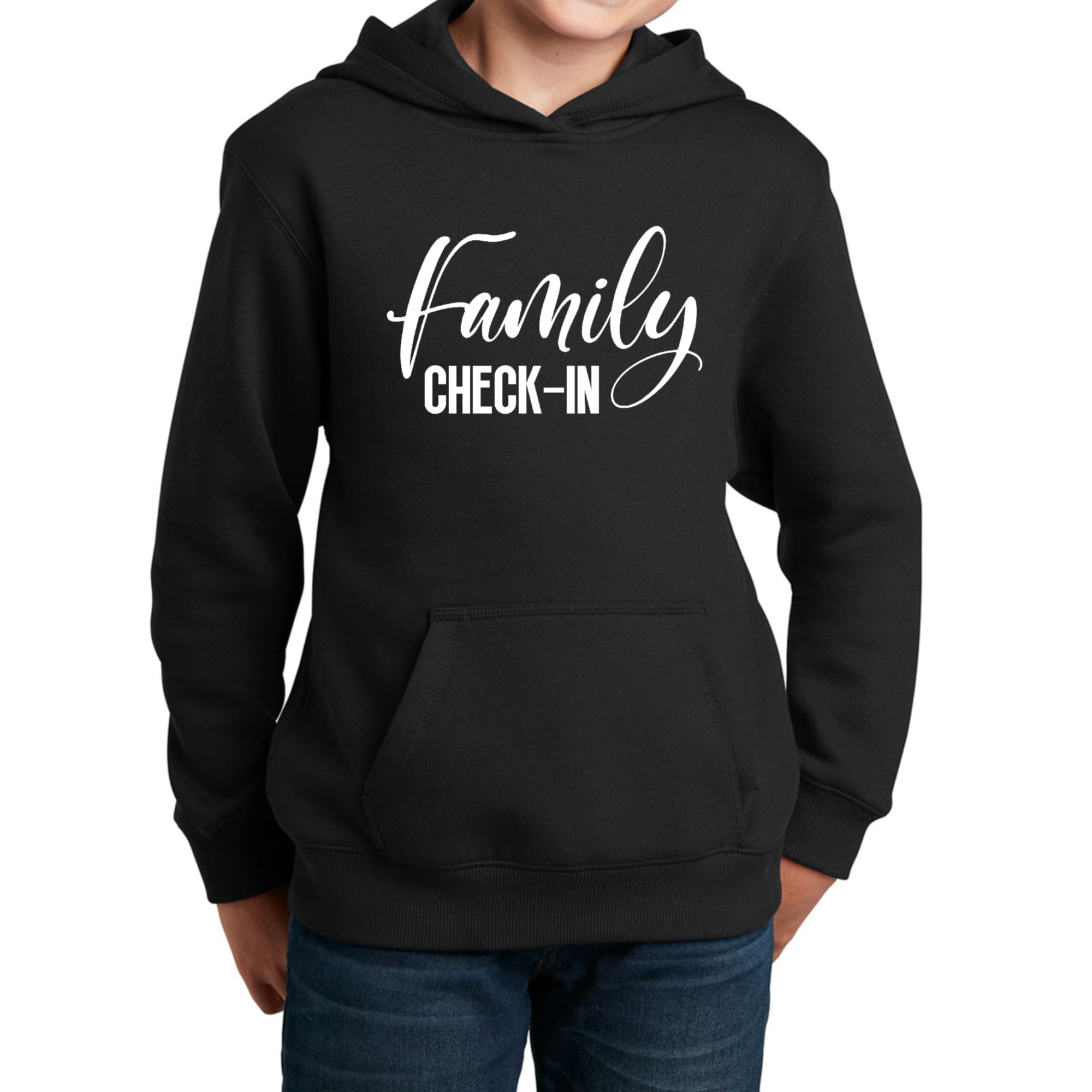 Youth Long Sleeve Hoodie featuring a Family Check-in Illustration, showcasing a creative design with a drawstring neckline and long sleeves.