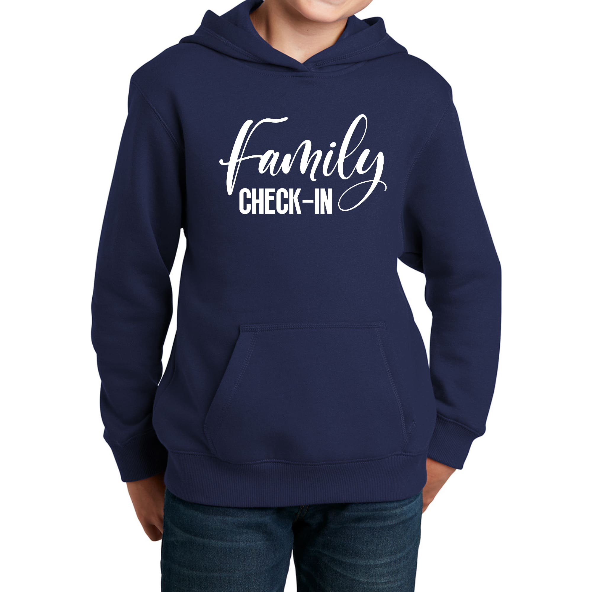 Youth Long Sleeve Hoodie featuring a Family Check-in Illustration, showcasing a creative design with a drawstring neckline and long sleeves.