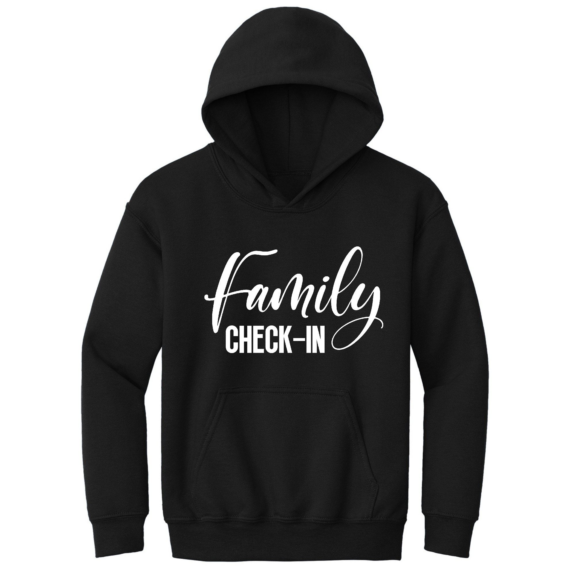 Youth Long Sleeve Hoodie with Family Check-in illustration, showcasing a vibrant design perfect for family events.