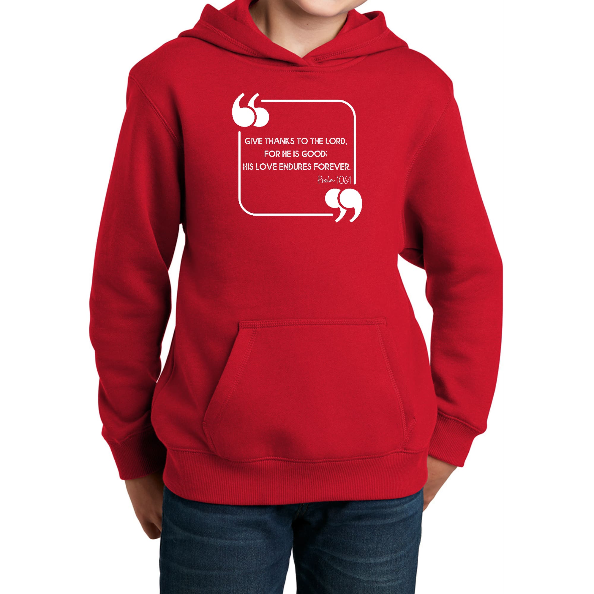 Youth Long Sleeve Hoodie featuring 'Give Thanks to the Lord' design, made from soft poly cotton blend, suitable for all youth sizes.