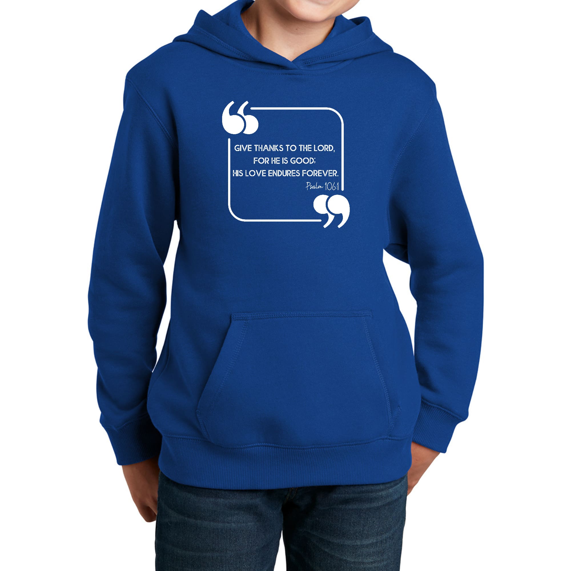 Youth Long Sleeve Hoodie featuring 'Give Thanks to the Lord' design, made from soft poly cotton blend, suitable for all youth sizes.