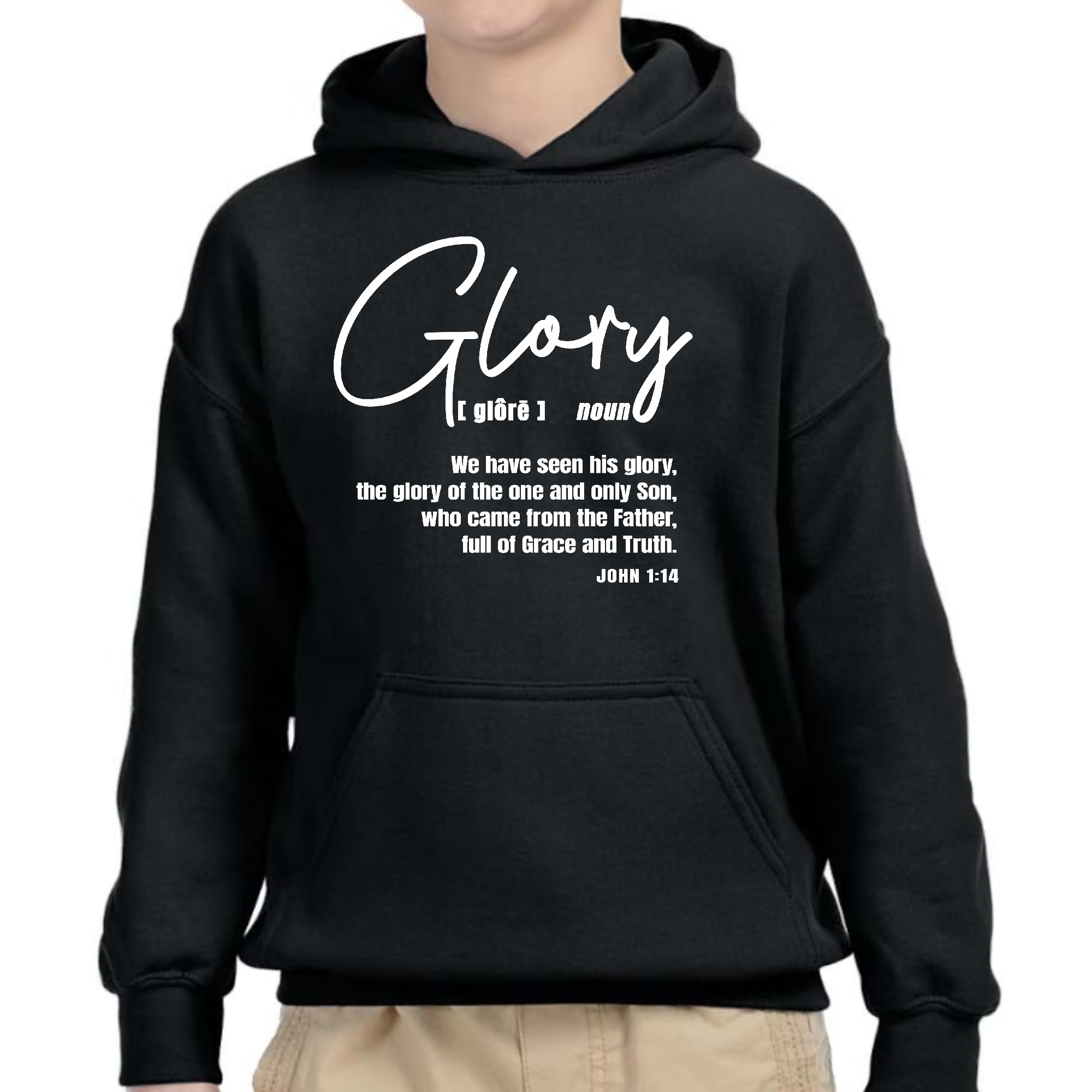 Youth Long Sleeve Hoodie Glory featuring a Christian graphic design, soft fabric, and drawstring neckline, perfect for young believers.