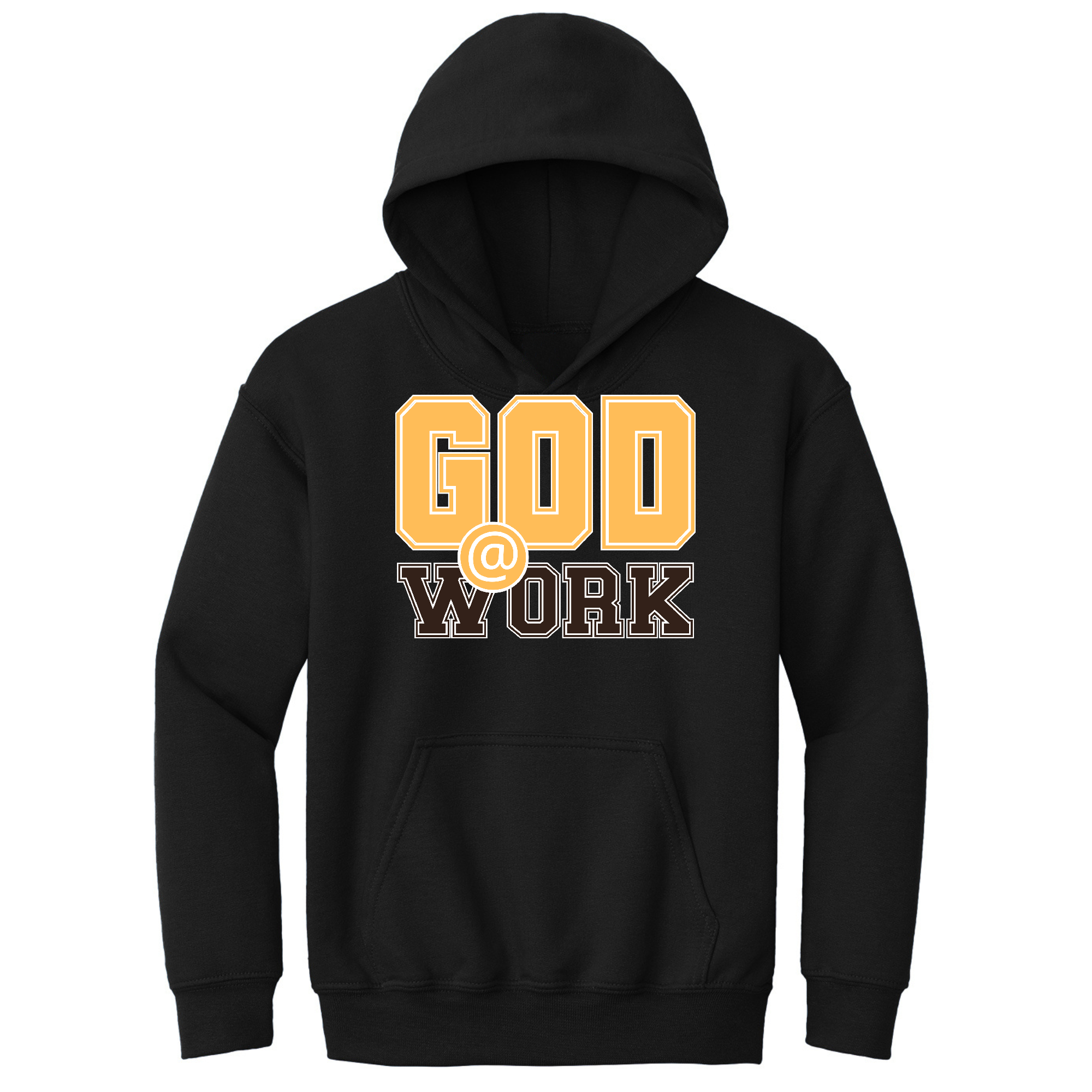 Youth long sleeve hoodie in golden yellow with brown 'God @ Work' print, featuring a drawstring neckline and long sleeves.
