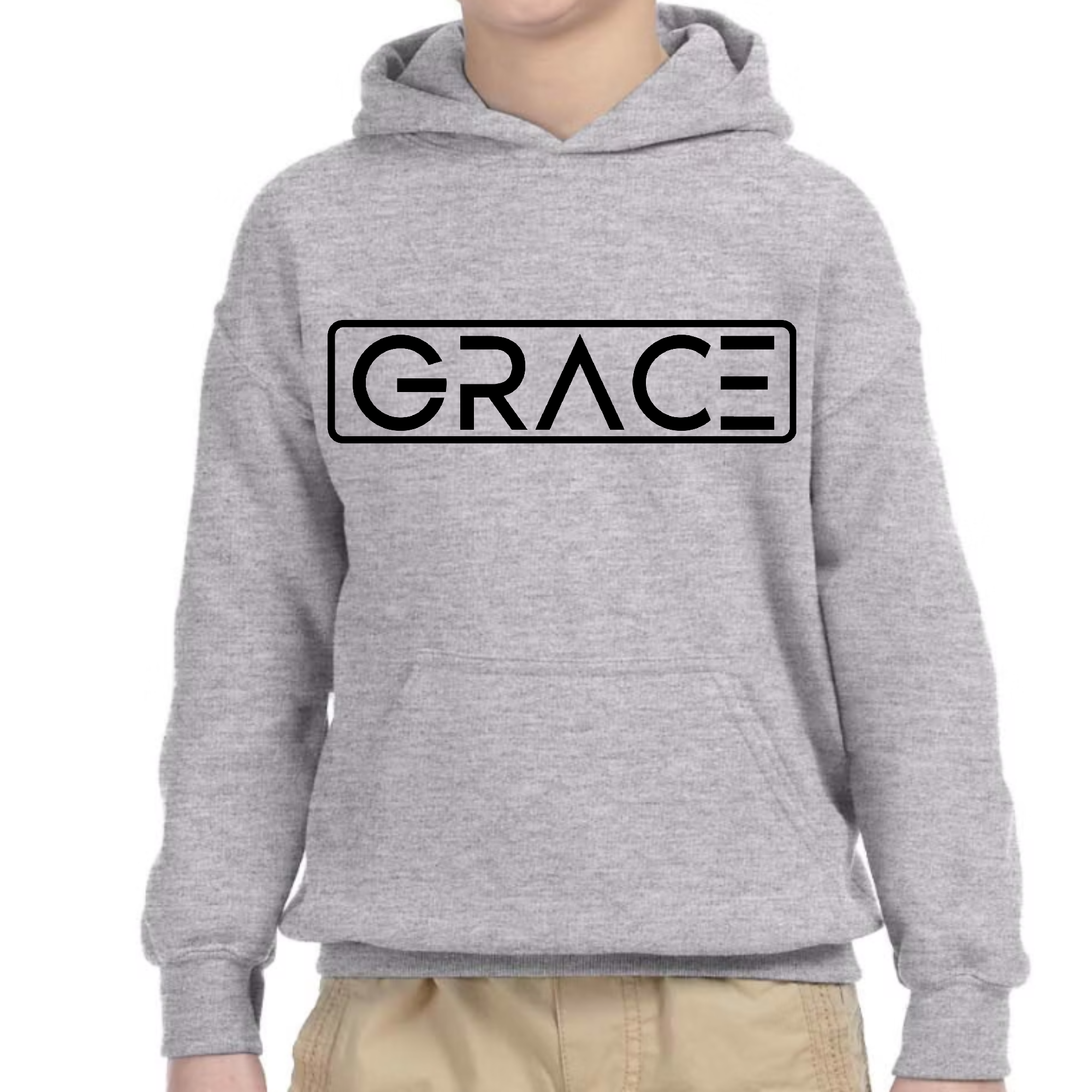 Youth long sleeve hoodie in black featuring Grace Christian illustration, showcasing a stylish and comfortable design for kids.