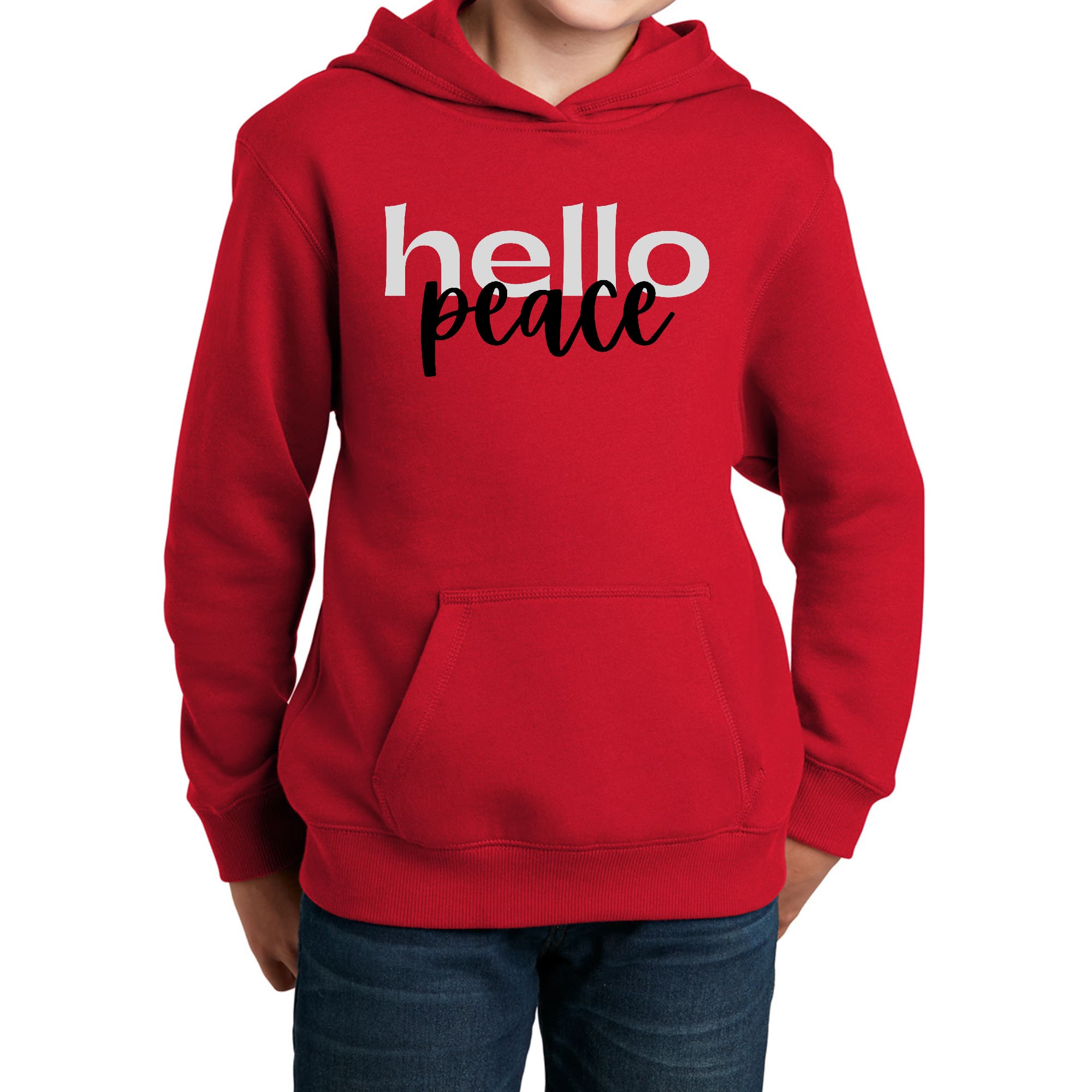 Youth long sleeve hoodie in grey and black with motivational 'Hello Peace' graphic, perfect for boys.