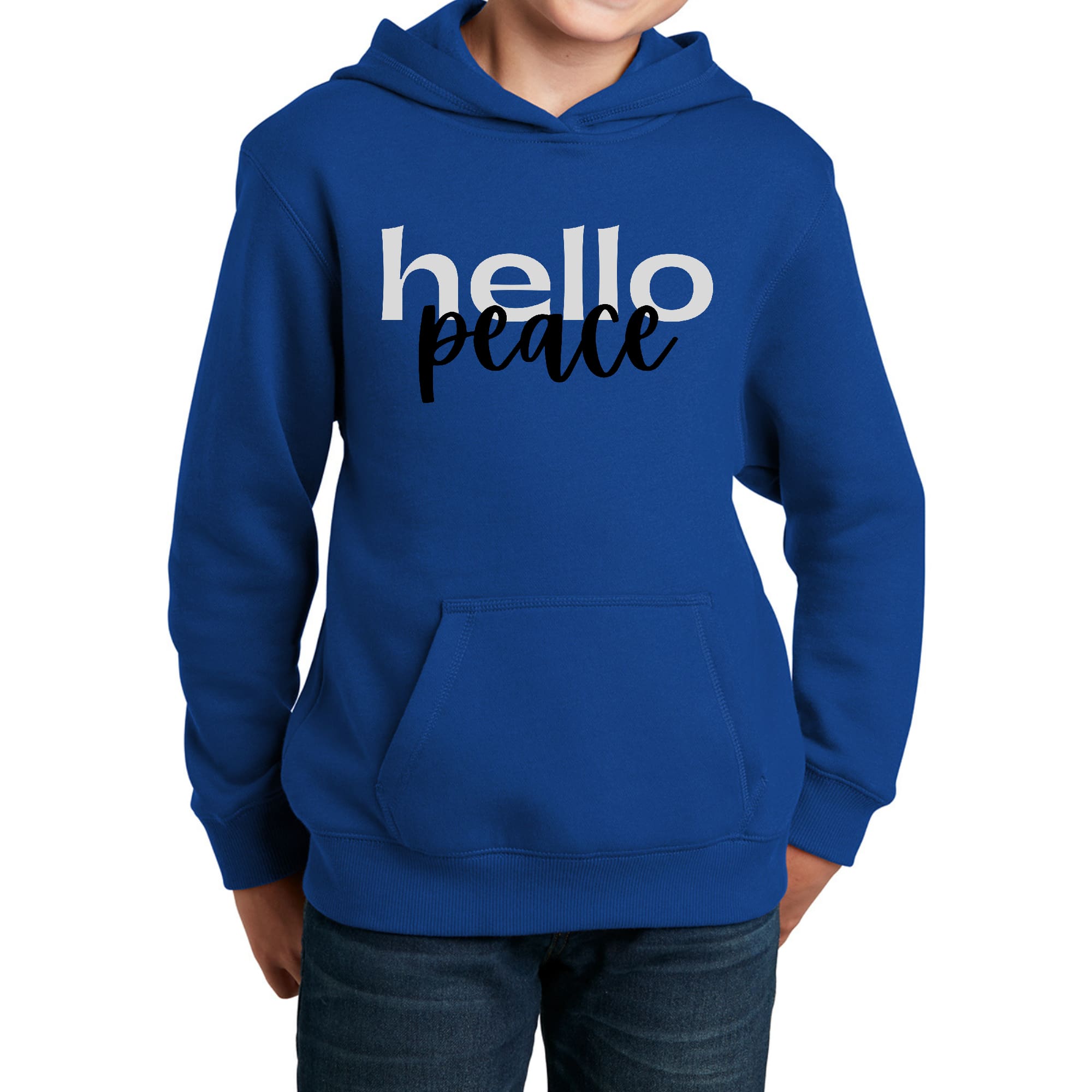 Youth long sleeve hoodie in grey and black with motivational 'Hello Peace' graphic, perfect for boys.