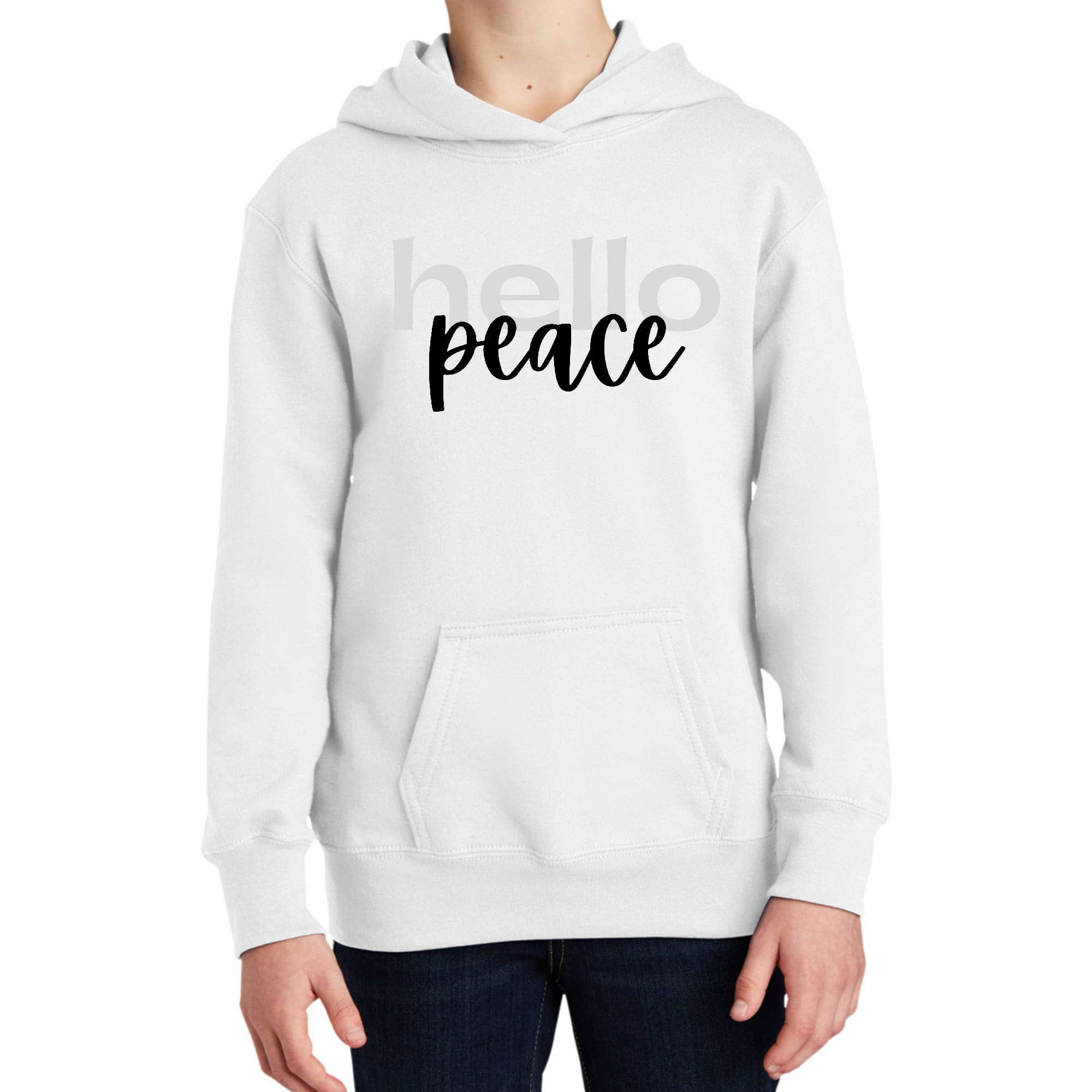 Youth long sleeve hoodie in grey and black with motivational 'Hello Peace' graphic, perfect for boys.
