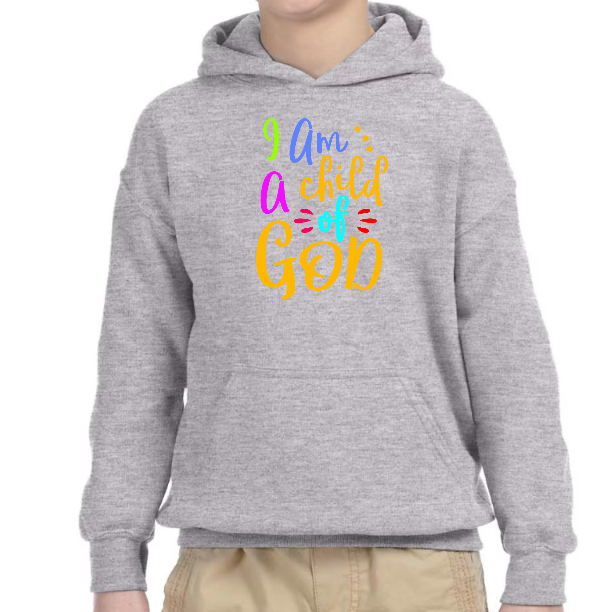 Youth Long Sleeve Hoodie featuring 'I am a Child of God' design, made from soft poly-cotton blend, suitable for all kids.