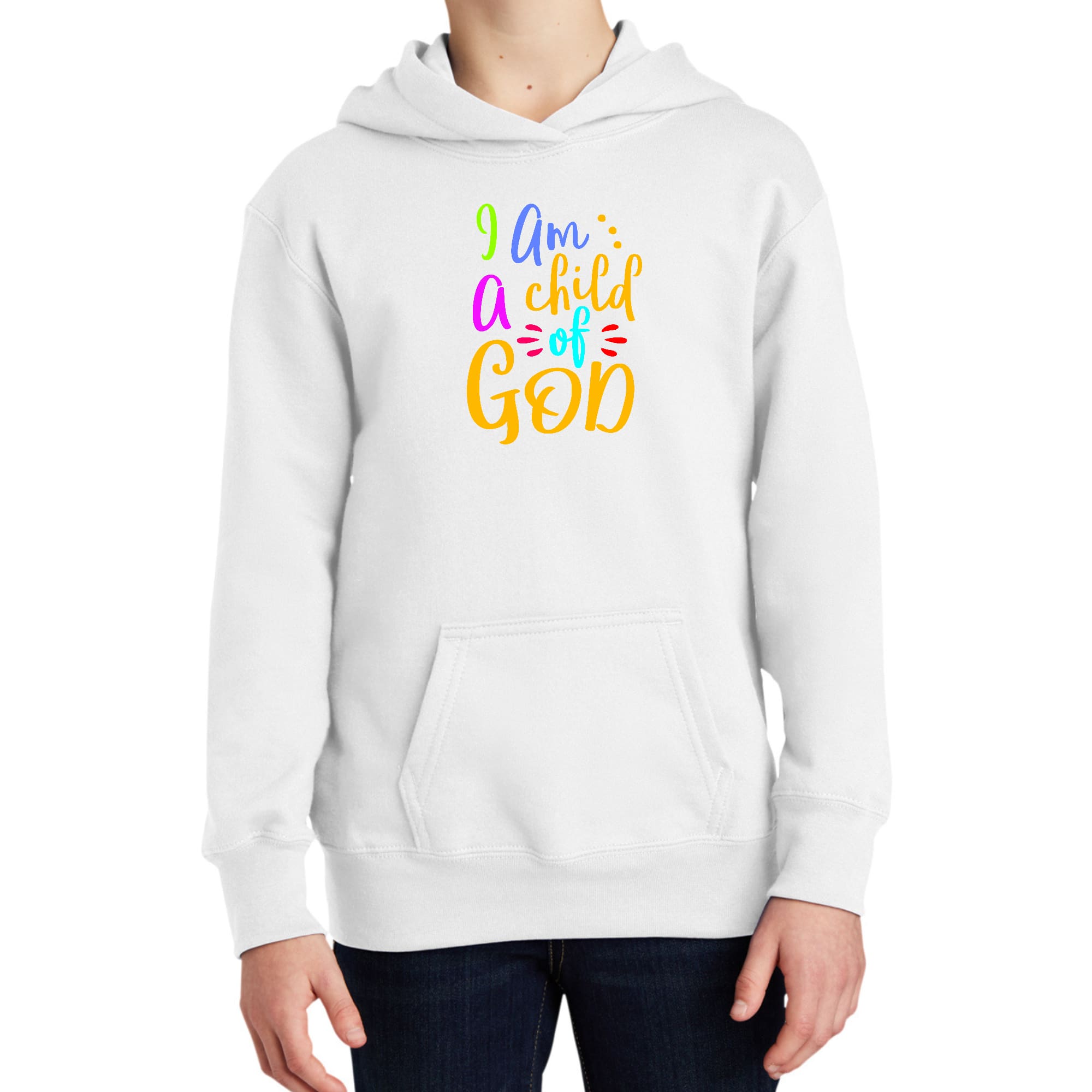 Youth Long Sleeve Hoodie featuring 'I am a Child of God' design, made from soft poly-cotton blend, suitable for all kids.