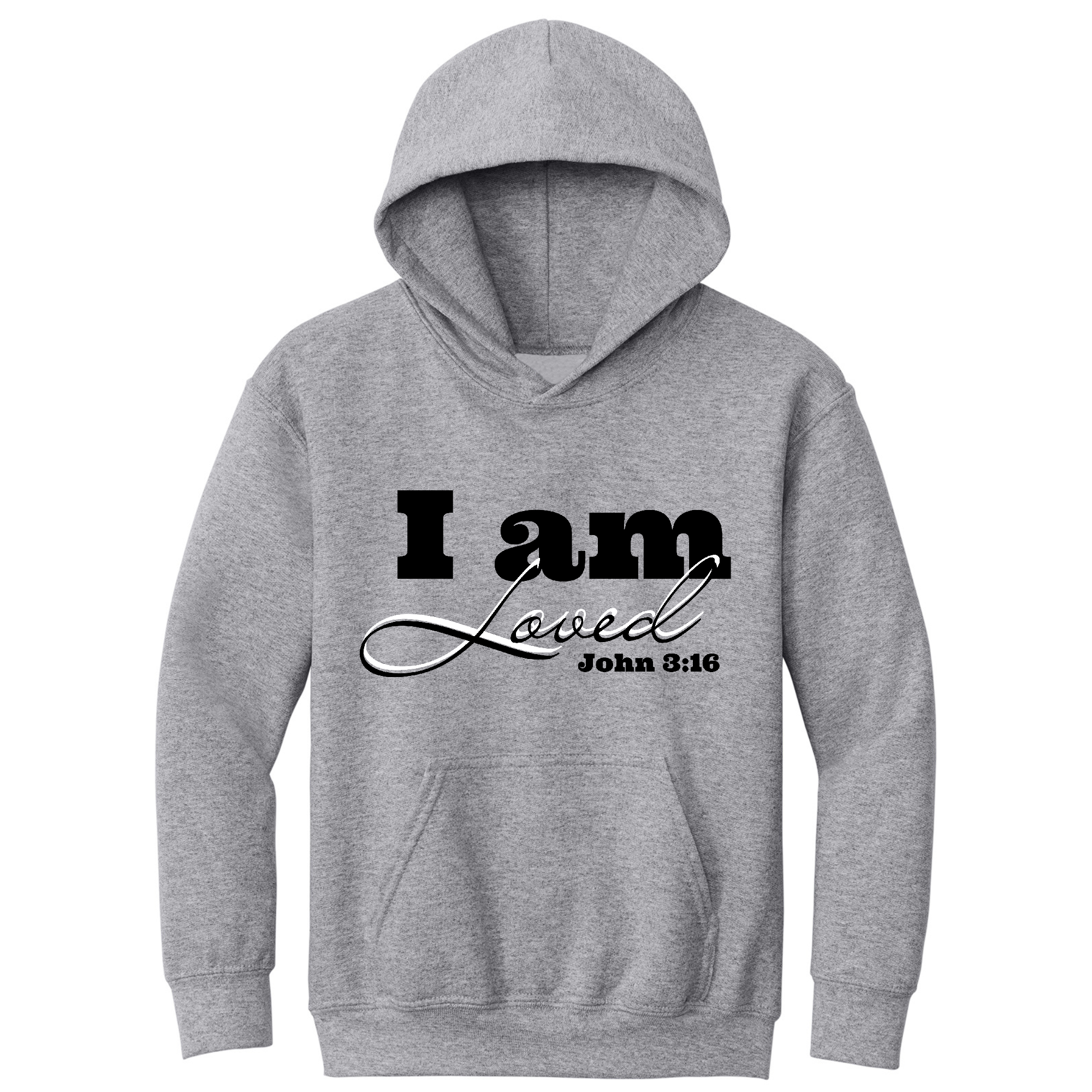 Youth Long Sleeve Hoodie in black with 'I am Loved' John 3:16 graphic illustration, featuring a drawstring neckline and long sleeves.