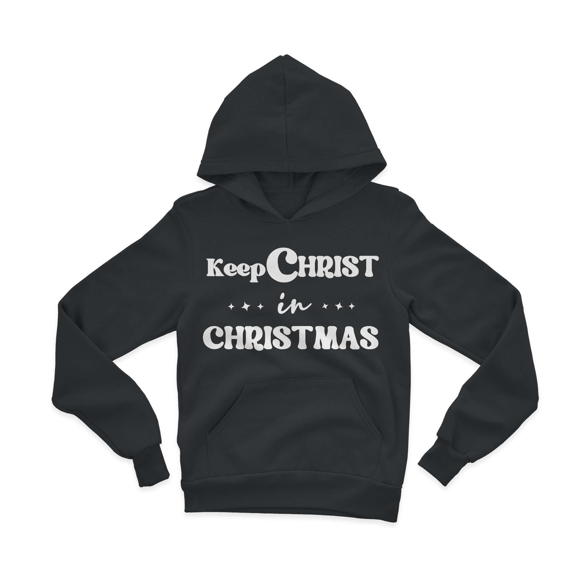 Youth Long Sleeve Hoodie featuring 'Keep Christ in Christmas' design, made from soft poly-cotton blend, suitable for all youth.
