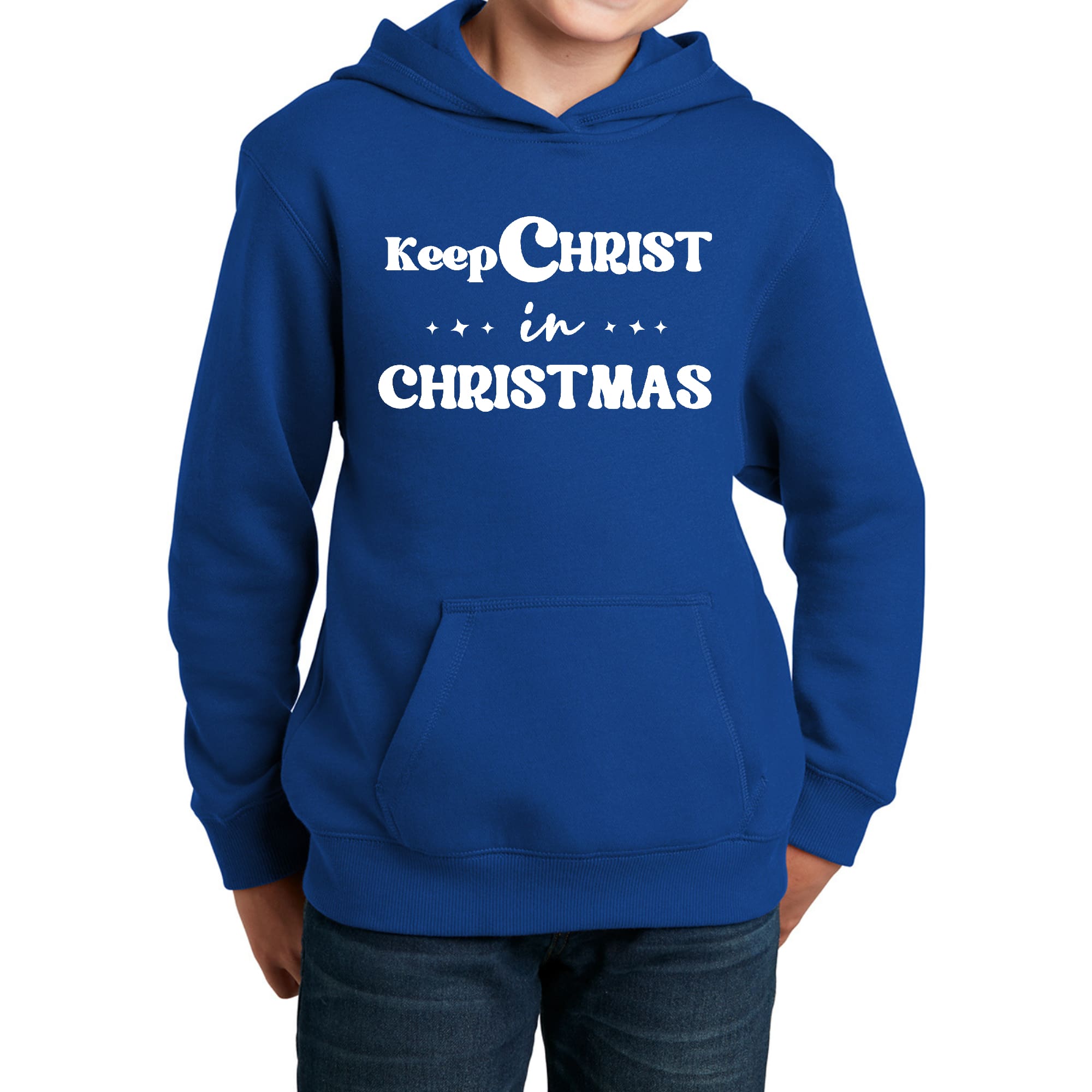 Youth Long Sleeve Hoodie featuring 'Keep Christ in Christmas' design, made from soft poly-cotton blend, suitable for all youth.