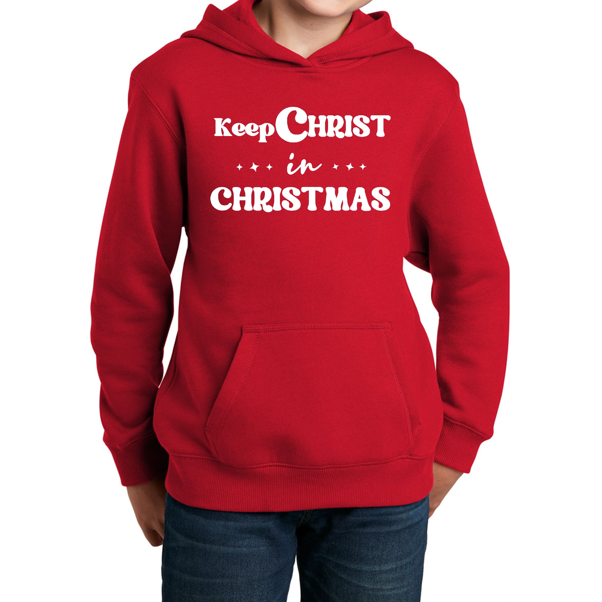 Youth Long Sleeve Hoodie featuring 'Keep Christ in Christmas' design, made from soft poly-cotton blend, suitable for all youth.