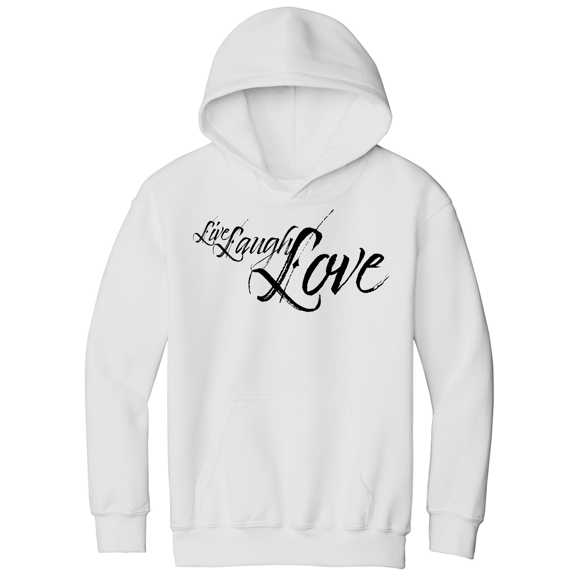 Youth long sleeve hoodie in black featuring a Live Laugh Love illustration, showcasing a comfortable and stylish design for young wearers.