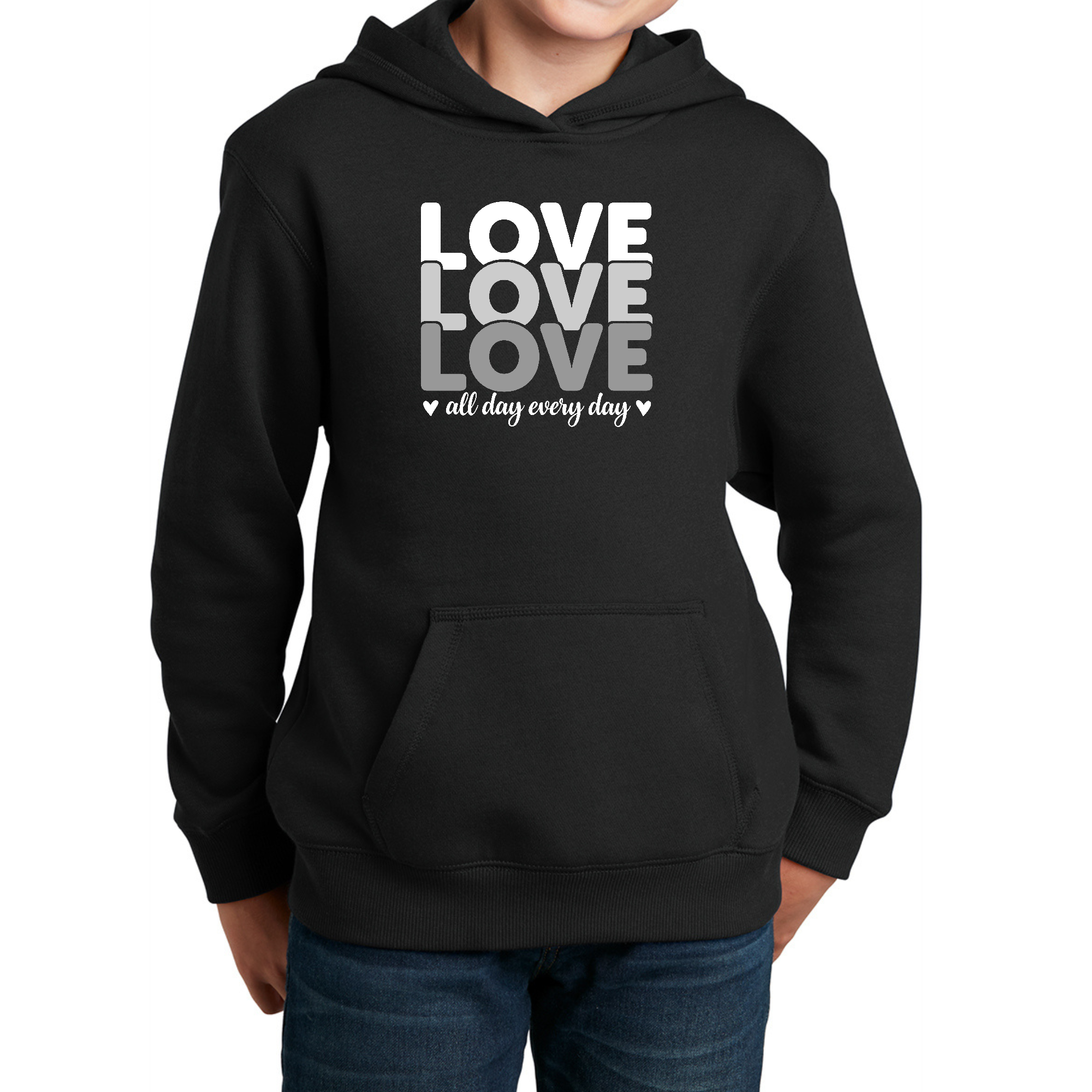 Youth Long Sleeve Hoodie featuring 'Love All Day Every Day' print in white and grey, showcasing a stylish and comfortable design.