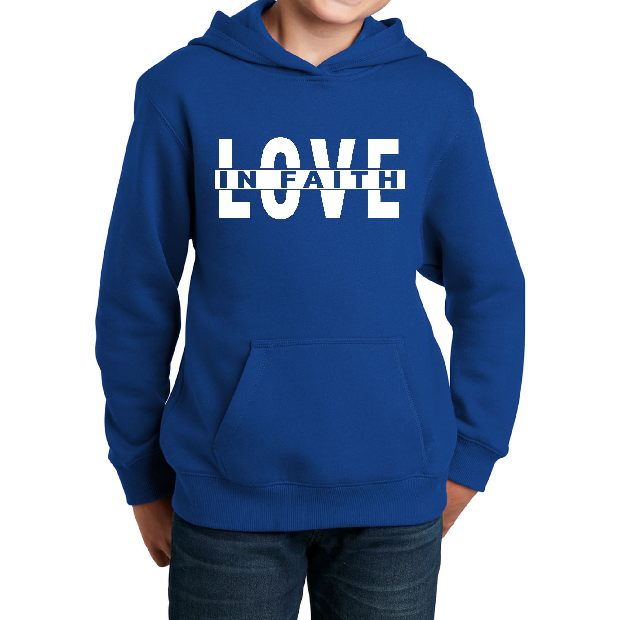 Youth Long Sleeve Hoodie featuring Love in Faith graphic design, made from soft cotton-polyester blend, perfect for casual wear.