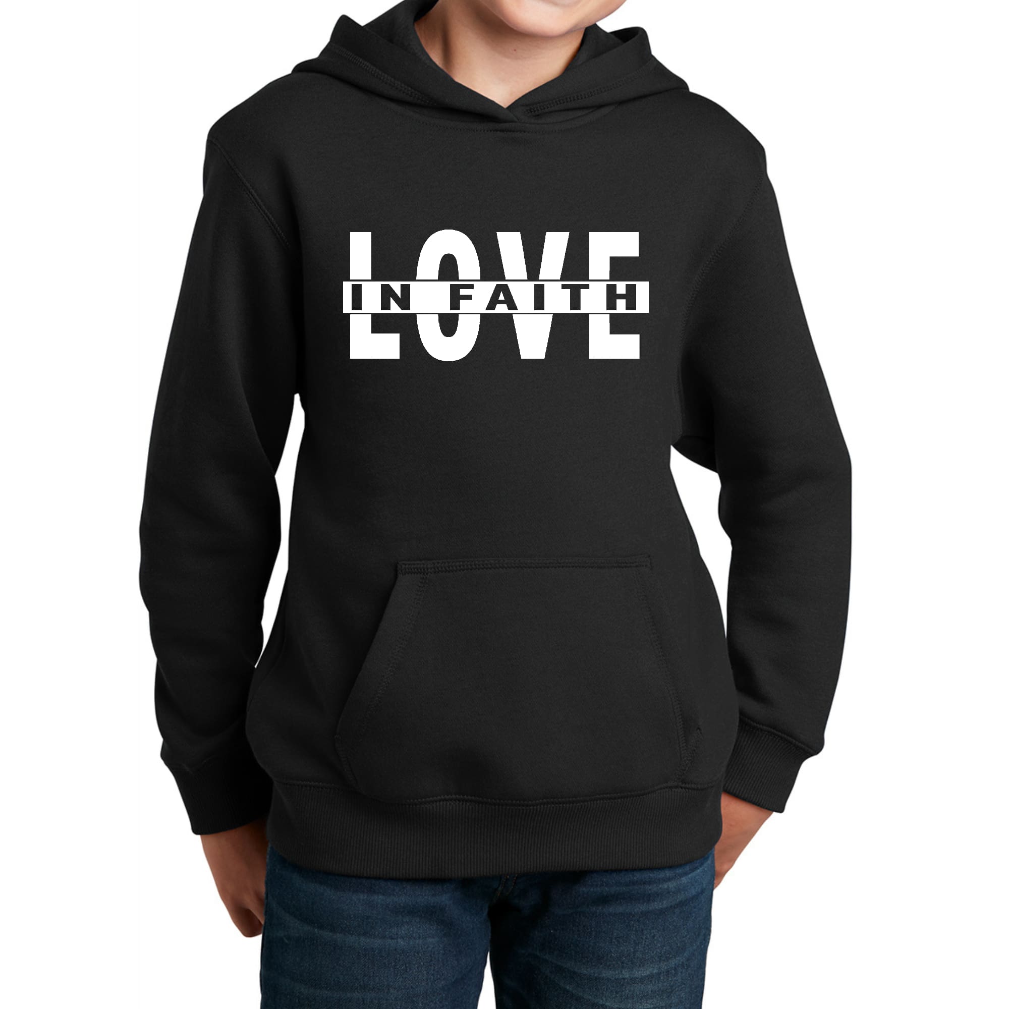 Youth Long Sleeve Hoodie featuring Love in Faith graphic design, made from soft cotton-polyester blend, perfect for casual wear.