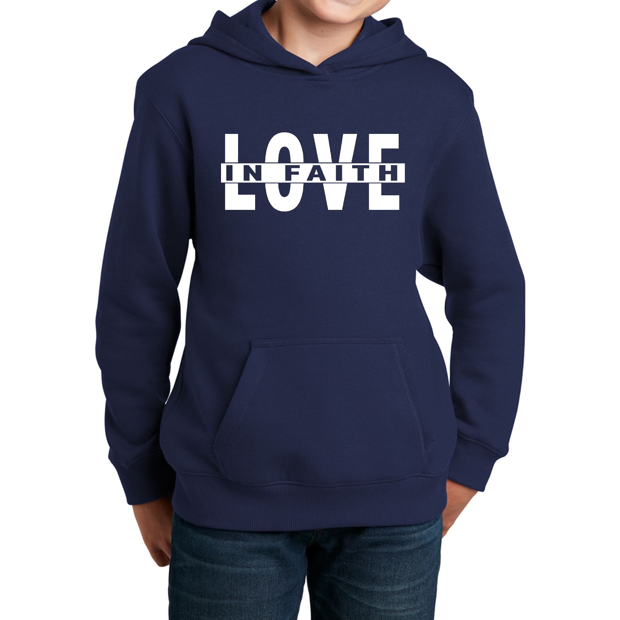 Youth Long Sleeve Hoodie featuring Love in Faith graphic design, made from soft cotton-polyester blend, perfect for casual wear.