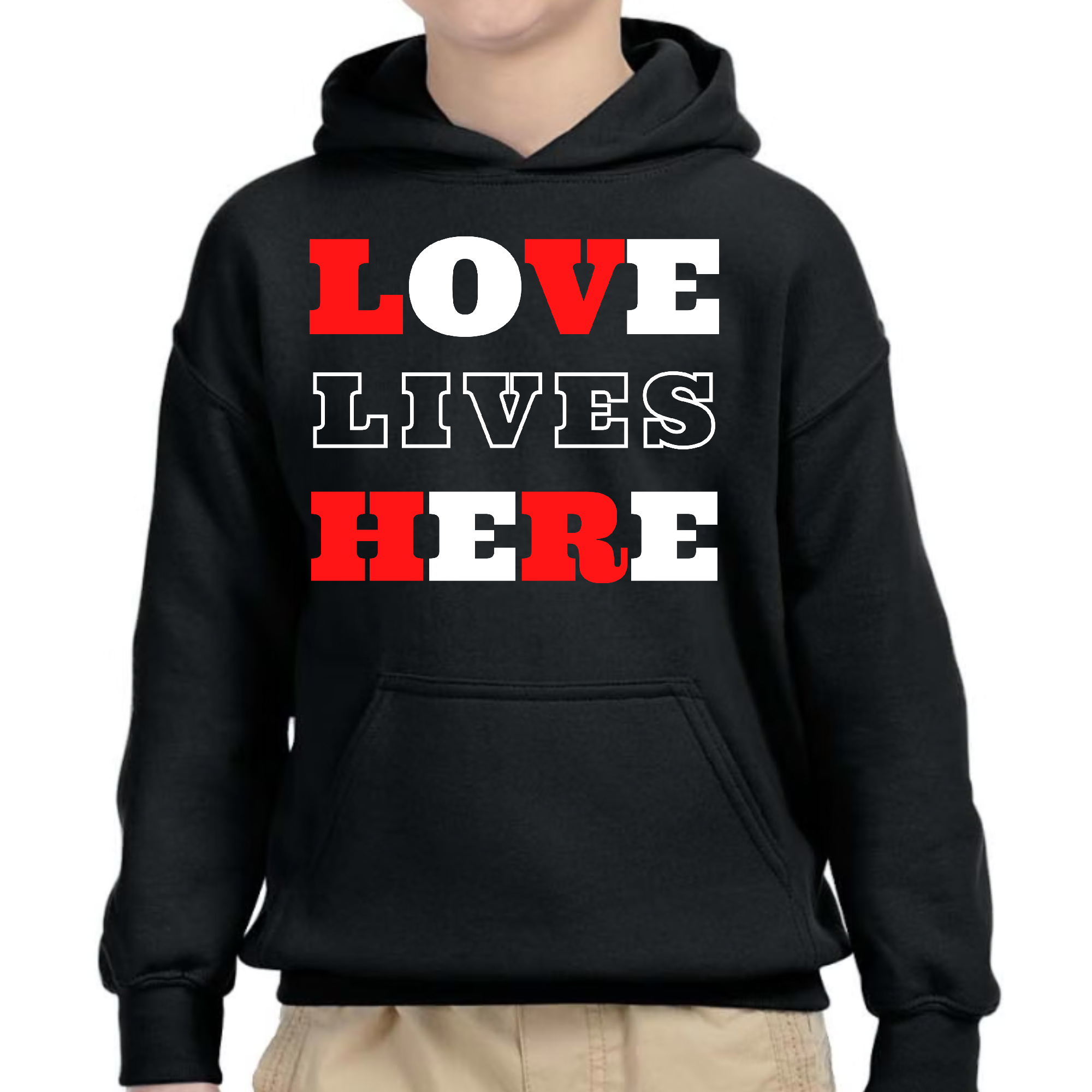 Youth Long Sleeve Hoodie featuring 'Love Lives Here' Christian inspiration design, made from soft poly-cotton blend.